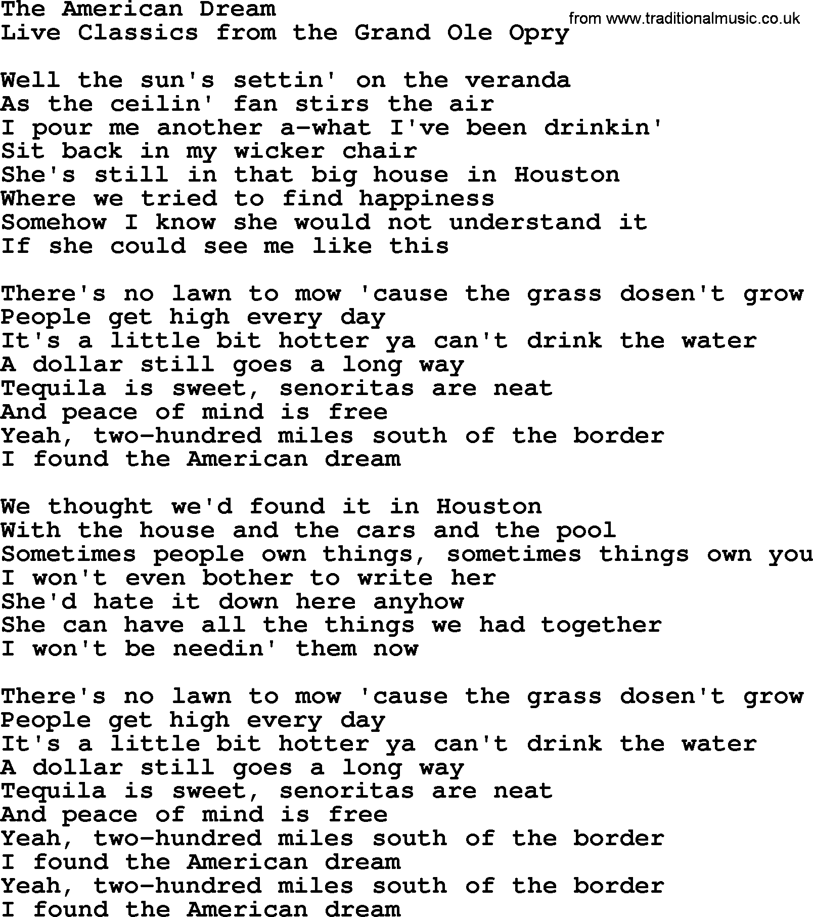 Marty Robbins song: The American Dream, lyrics