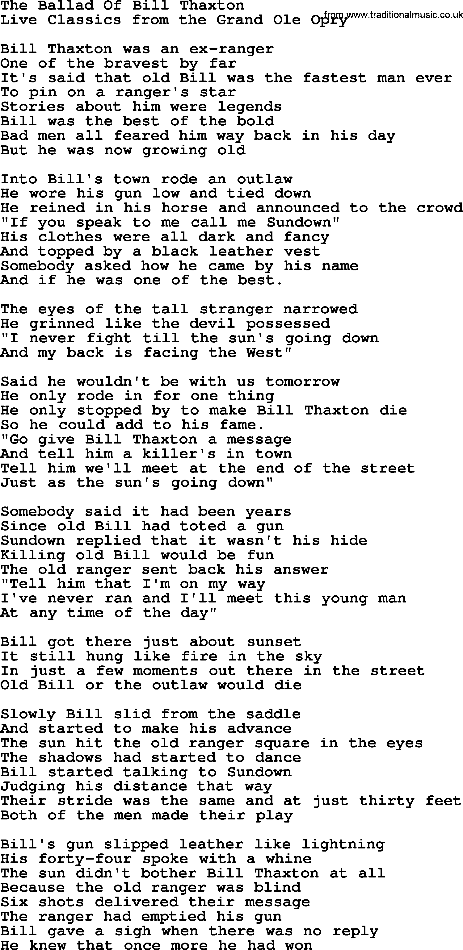 Marty Robbins song: The Ballad Of Bill Thaxton, lyrics