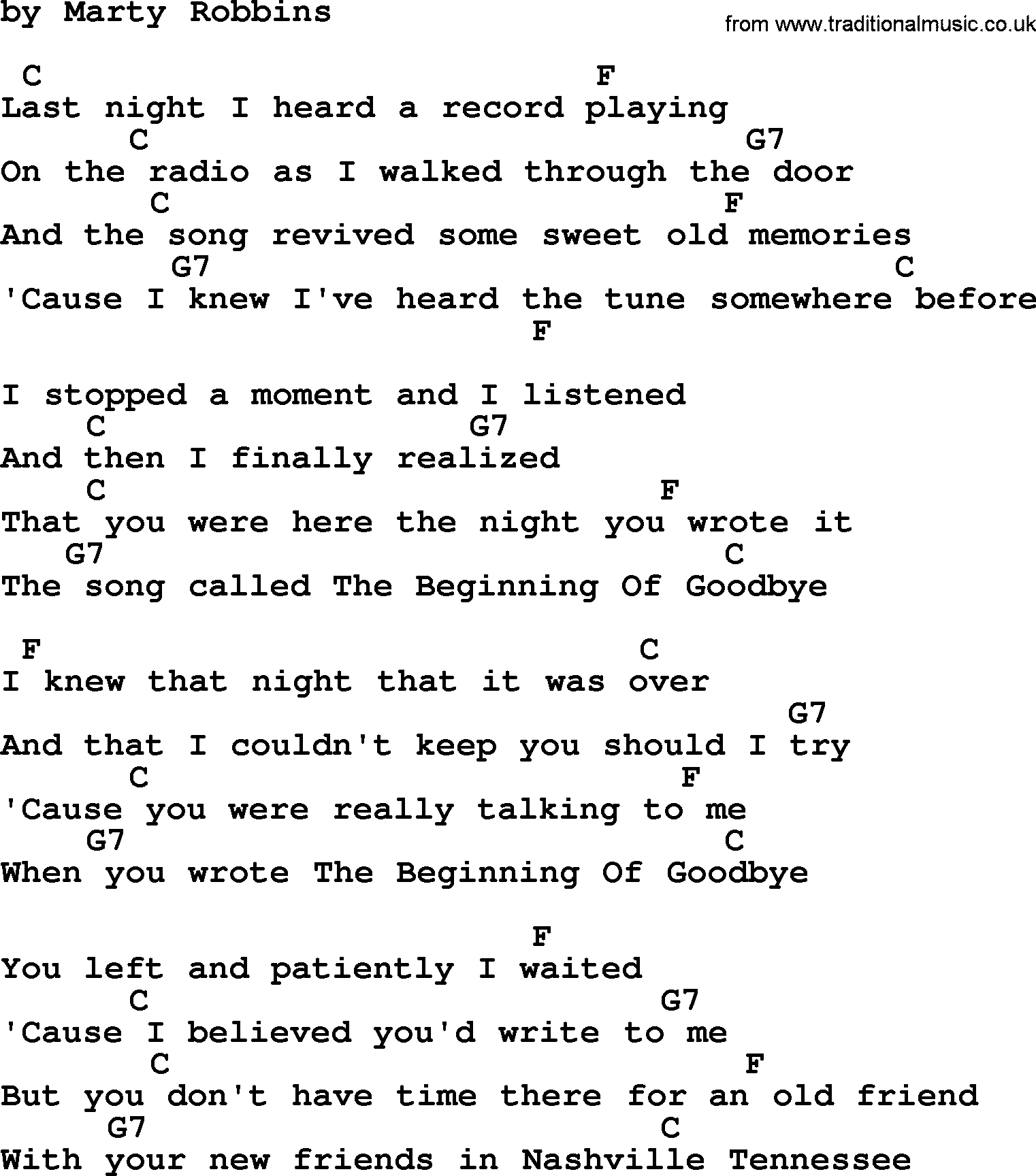 Marty Robbins song: The Beginning Of Goodbye, lyrics and chords