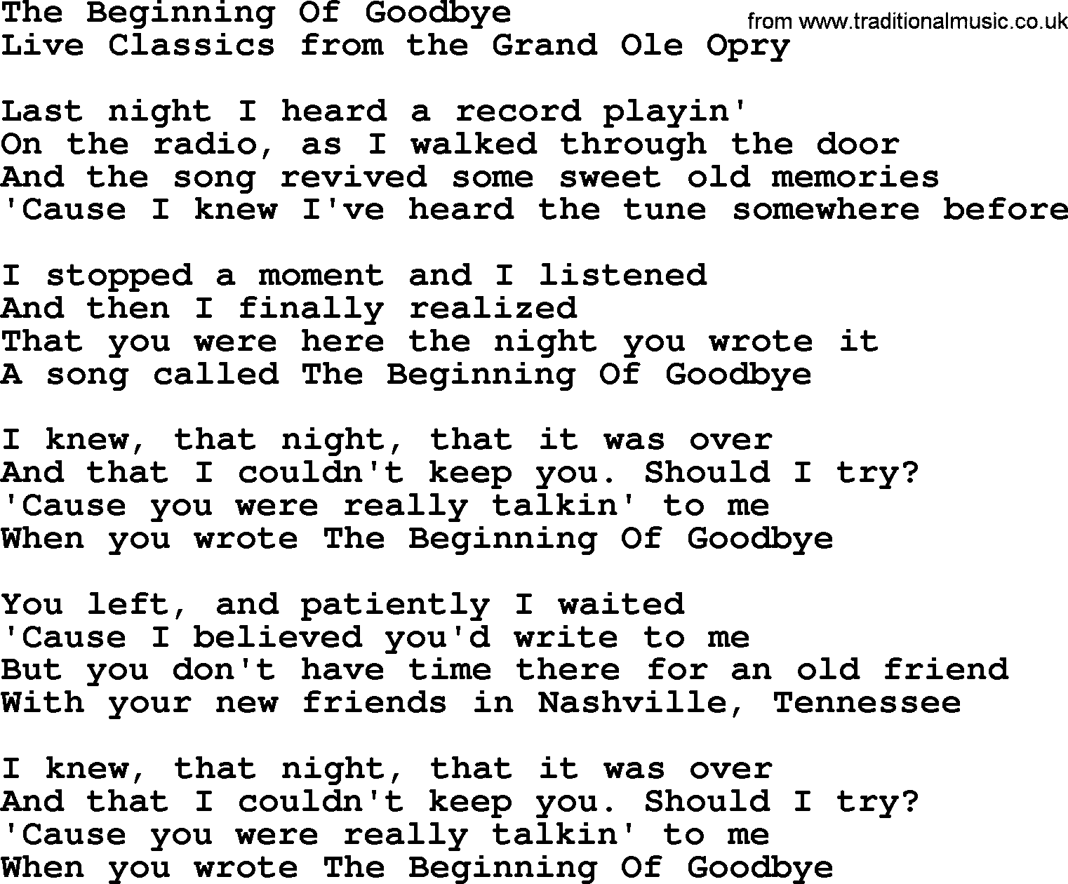 Marty Robbins song: The Beginning Of Goodbye, lyrics