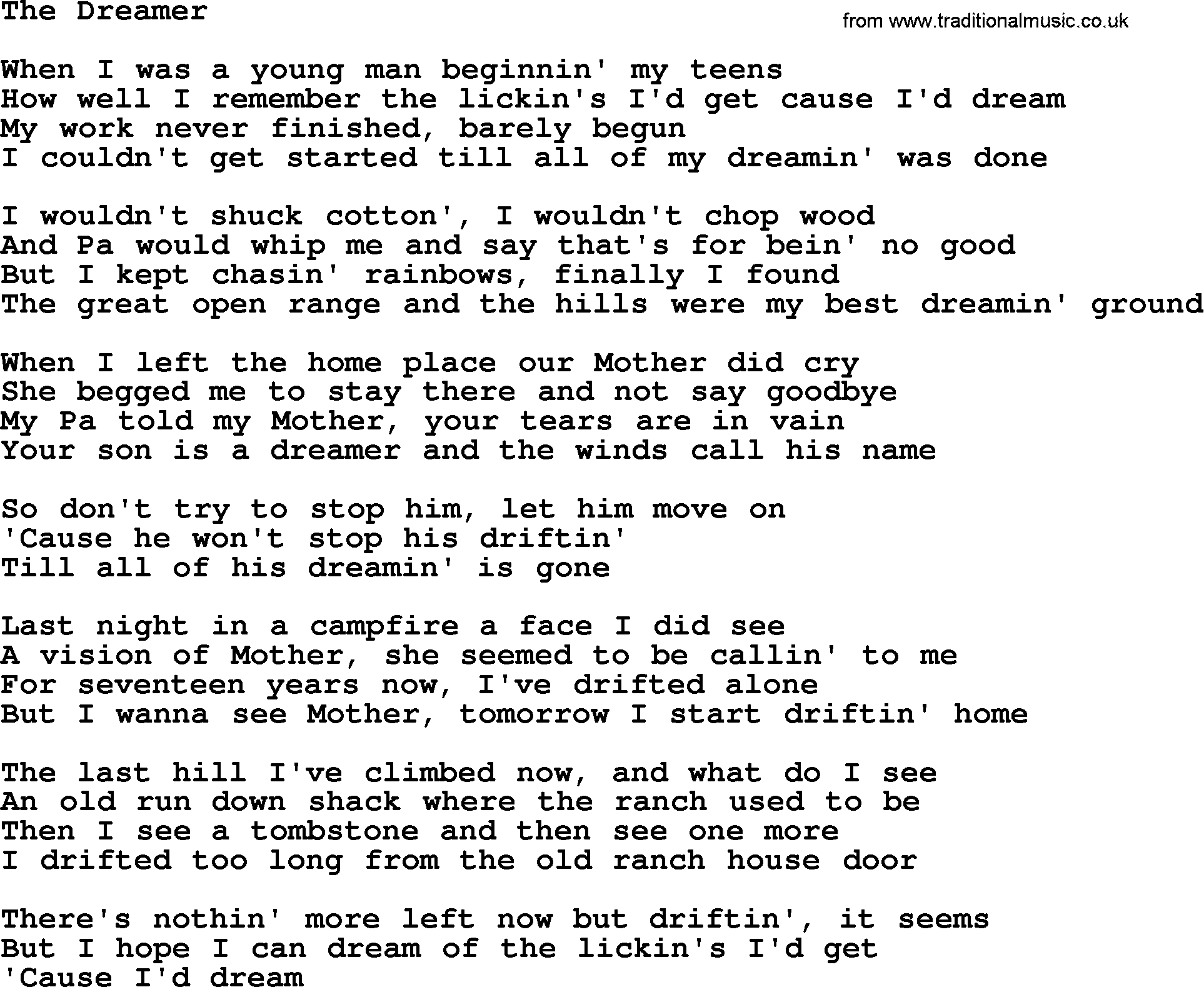 Marty Robbins song: The Dreamer, lyrics