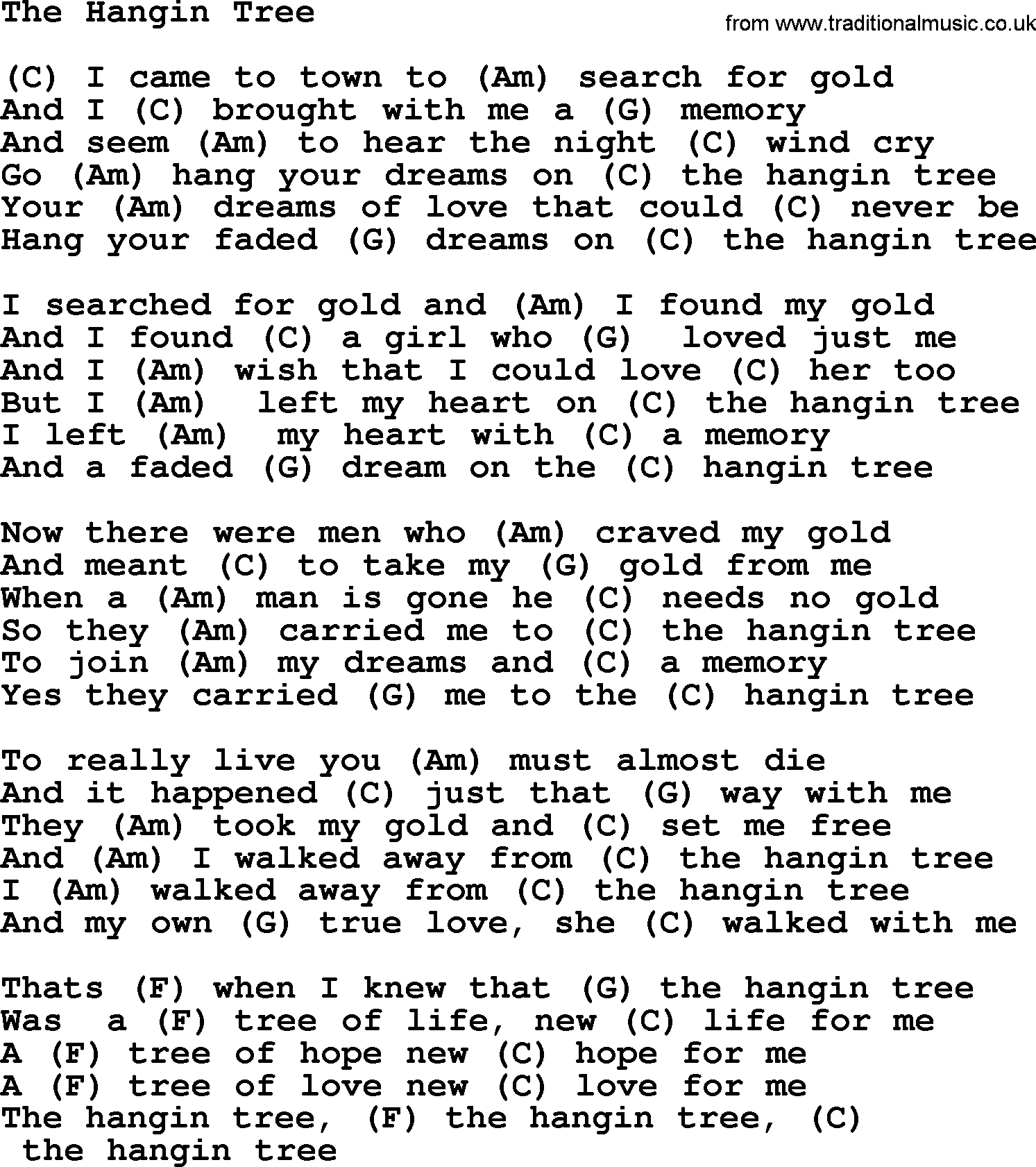 Marty Robbins song: The Hangin Tree, lyrics and chords