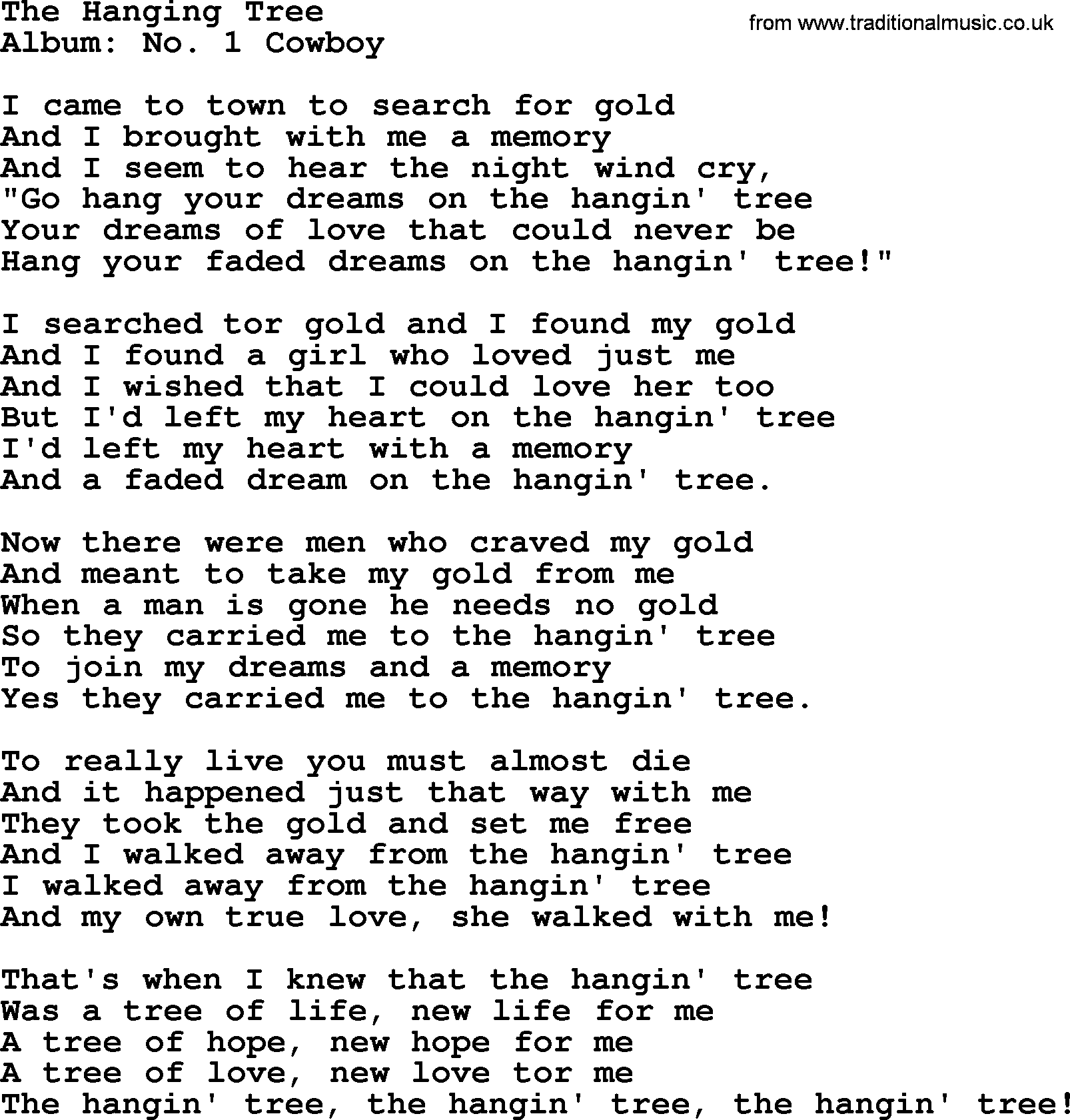 Marty Robbins song: The Hanging Tree, lyrics
