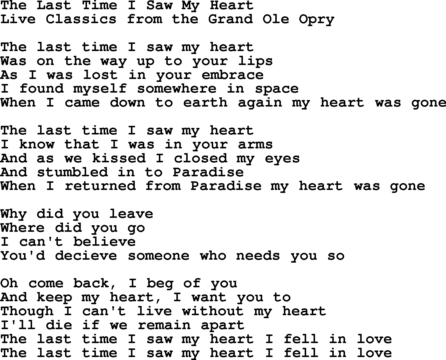 Marty Robbins song: The Last Time I Saw My Heart, lyrics