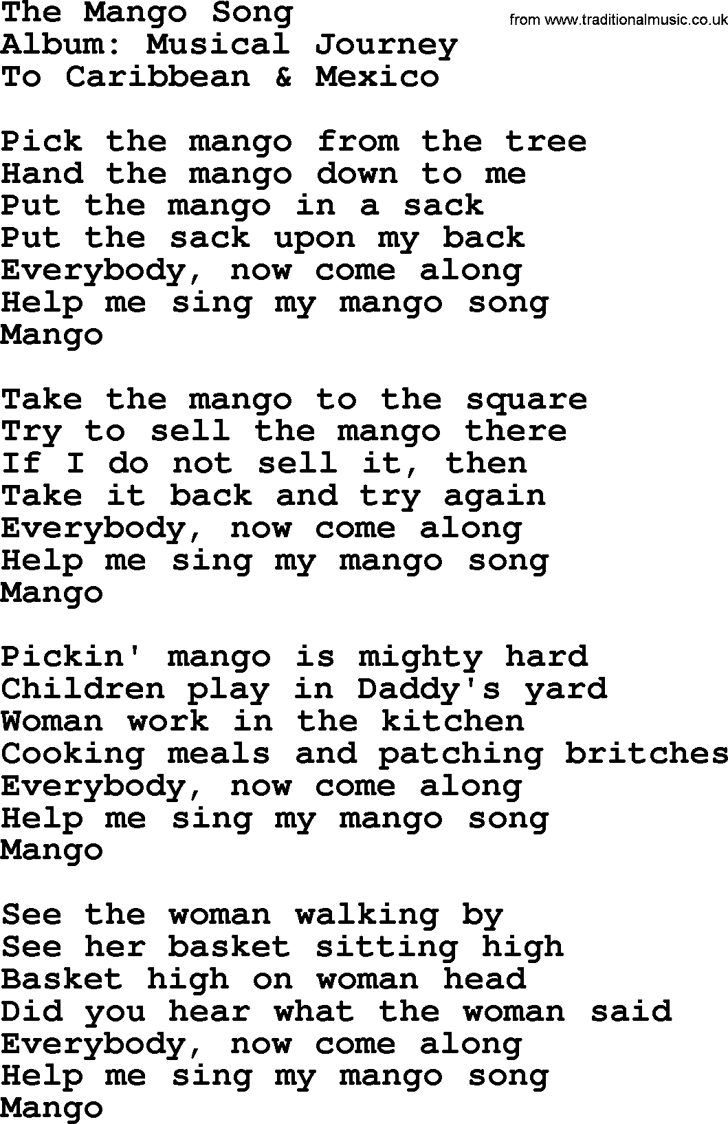 Marty Robbins song: The Mango Song, lyrics