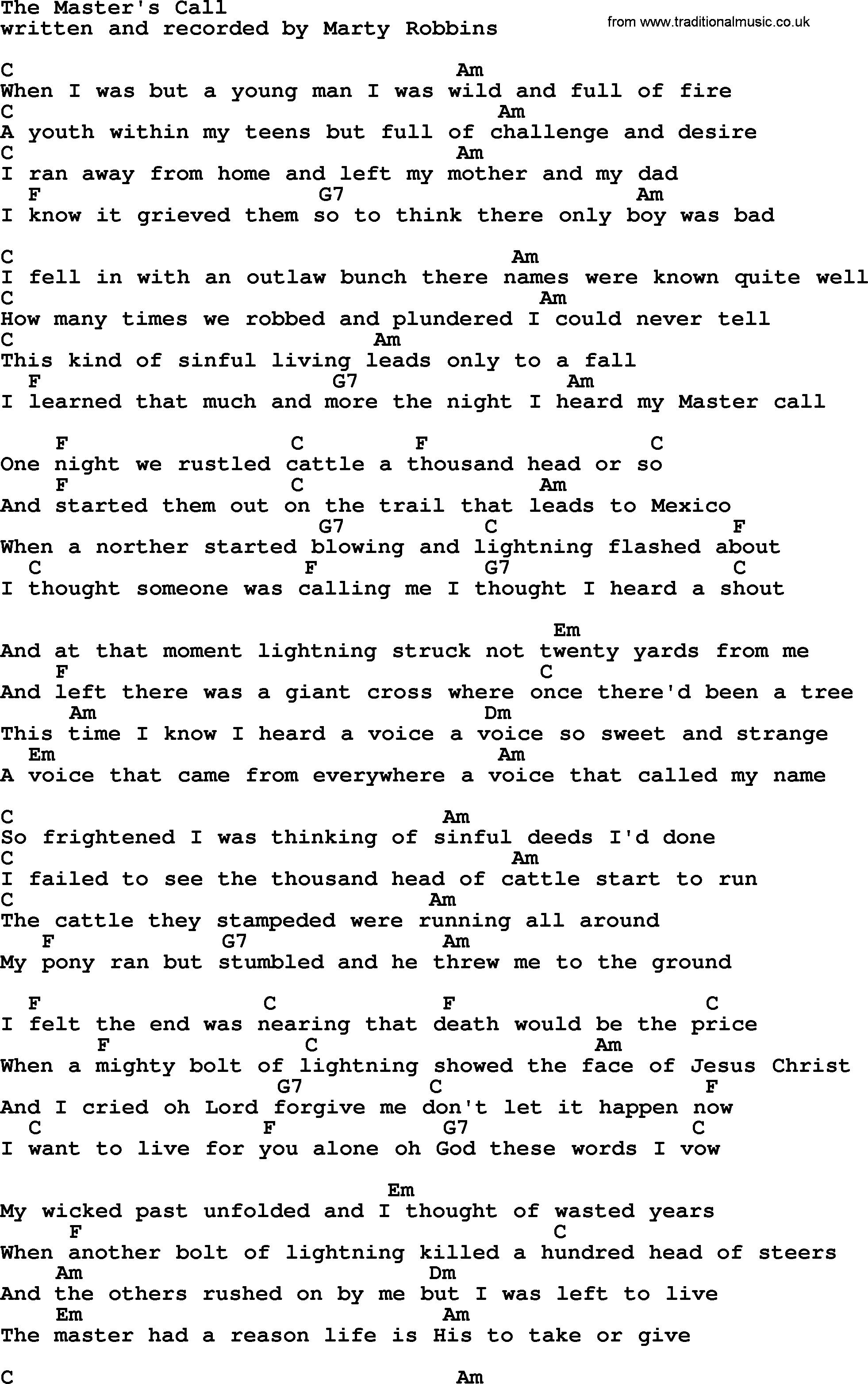 Marty Robbins song: The Master's Call, lyrics and chords
