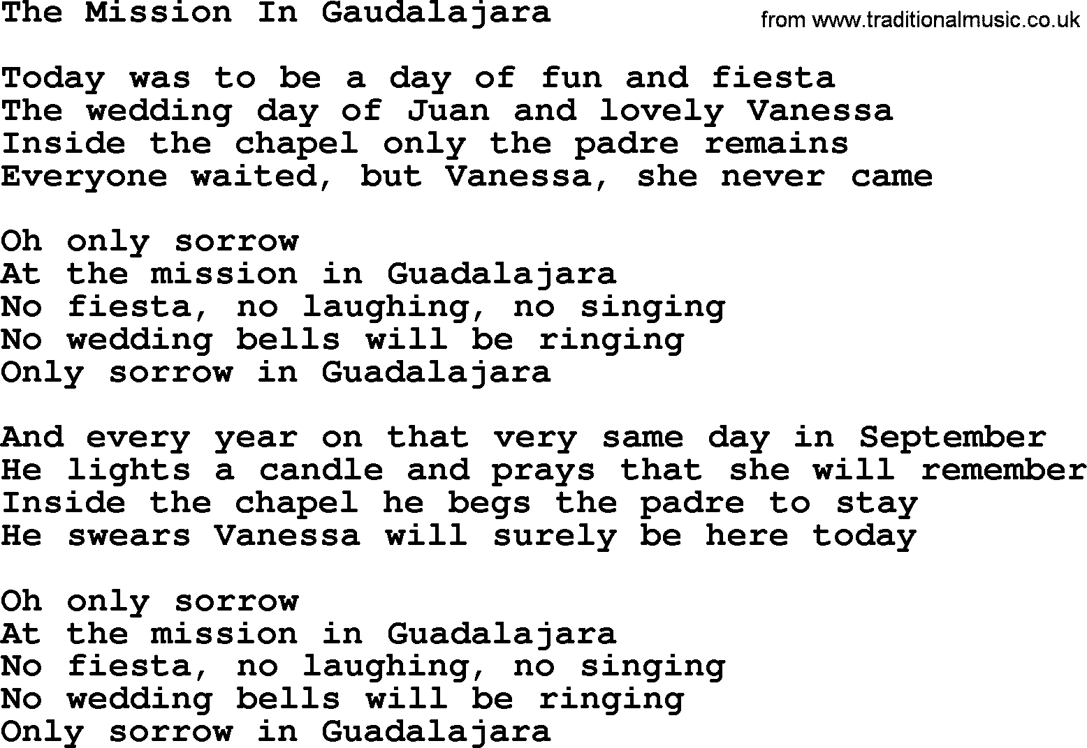 Marty Robbins song: The Mission In Gaudalajara, lyrics