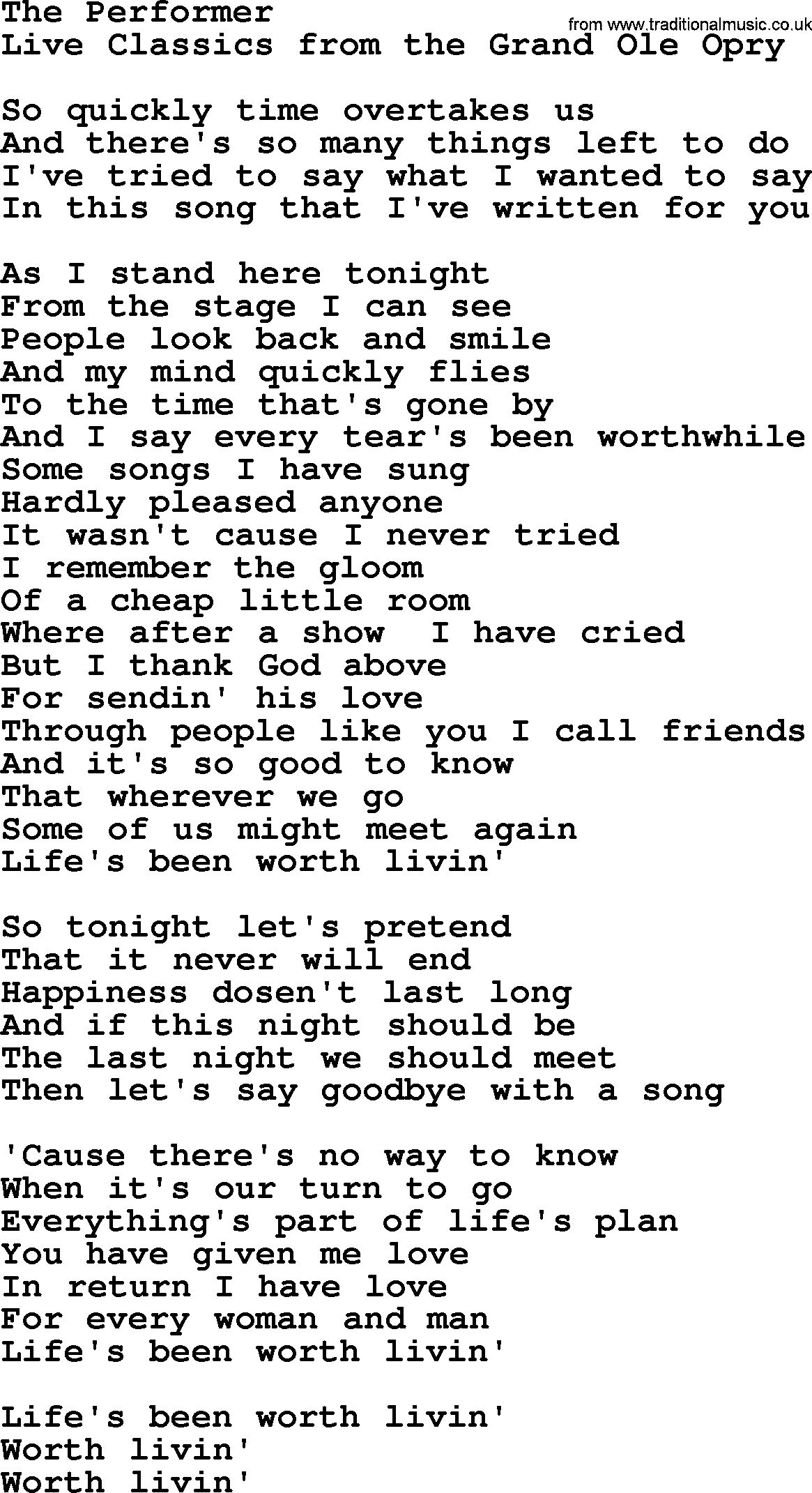 Marty Robbins song: The Performer, lyrics