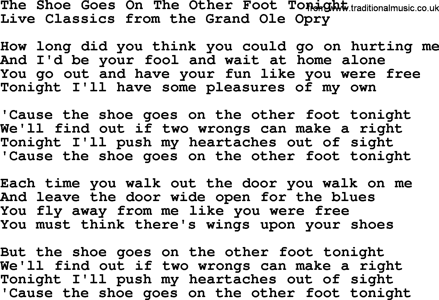 Marty Robbins song: The Shoe Goes On The Other Foot Tonight, lyrics