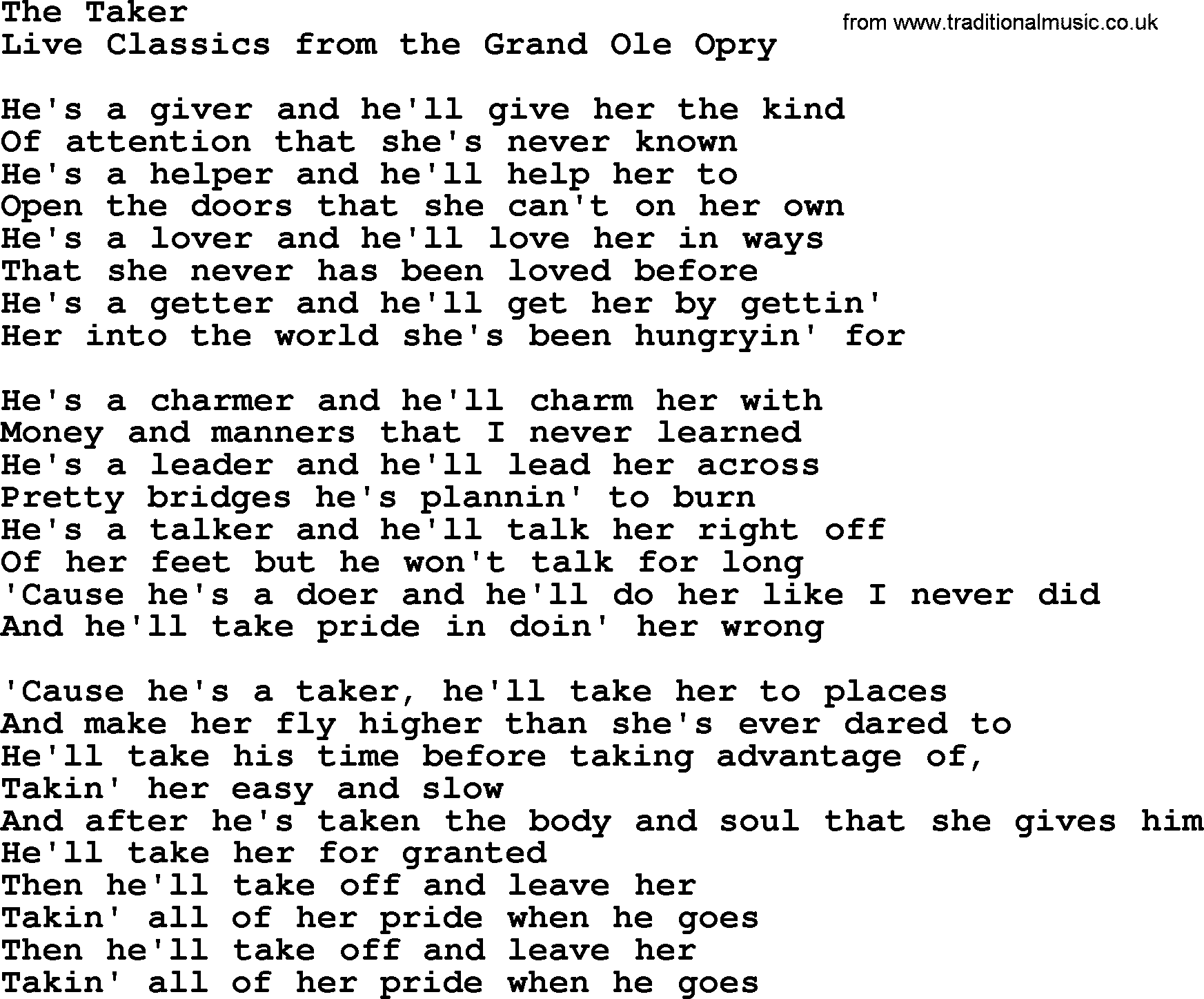Marty Robbins song: The Taker, lyrics