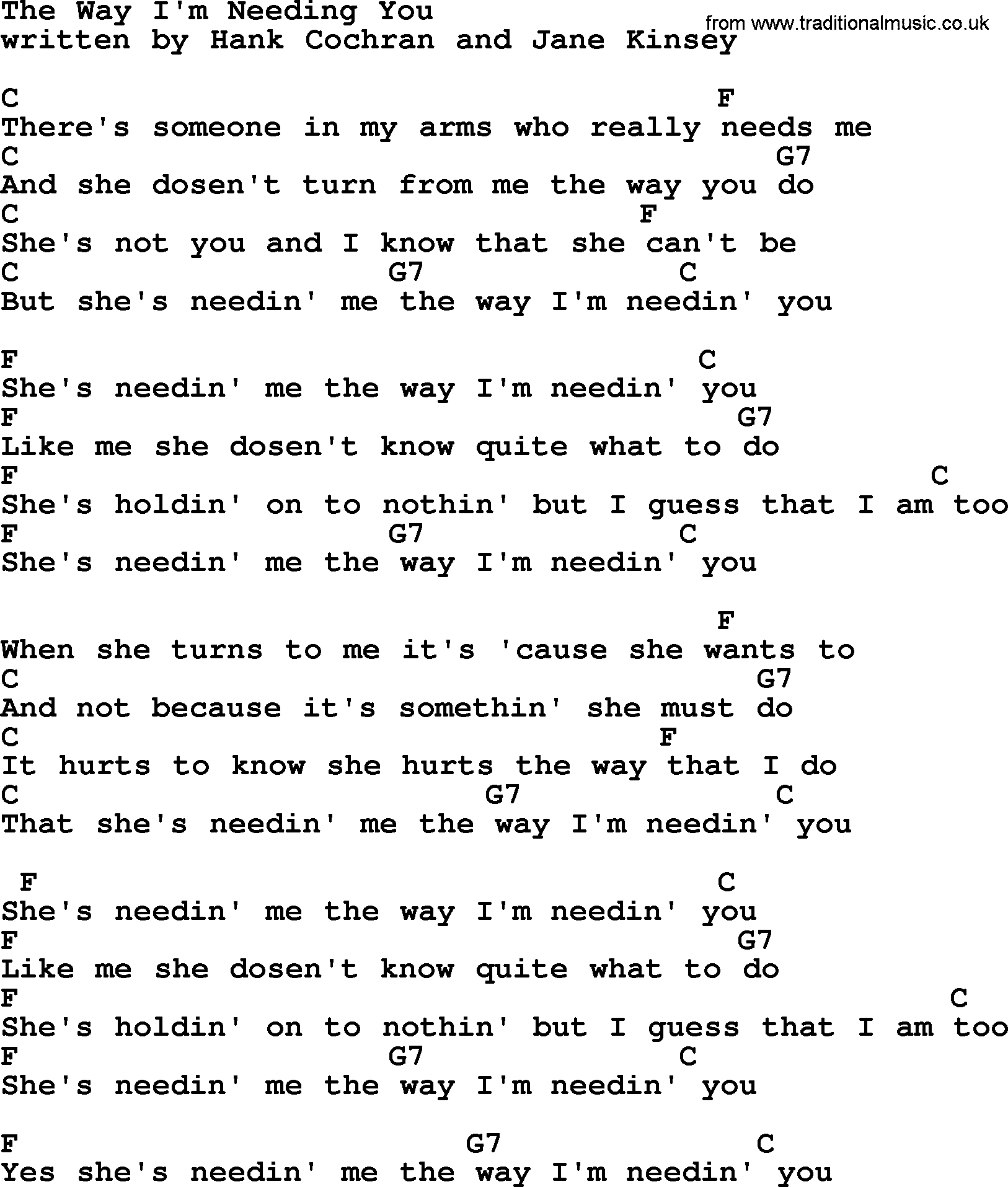 Marty Robbins song: The Way I'm Needing You, lyrics and chords