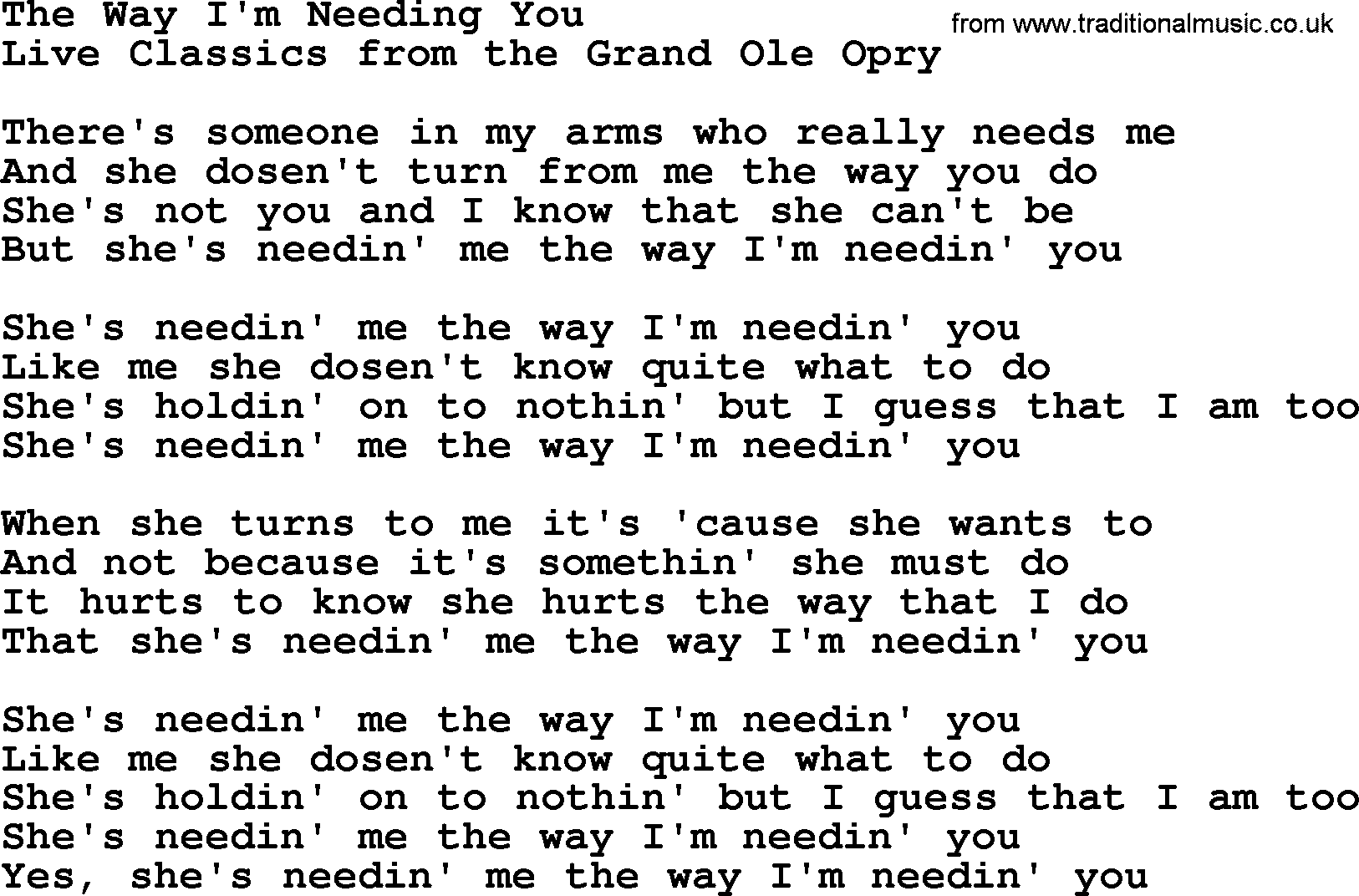 Marty Robbins song: The Way I'm Needing You, lyrics