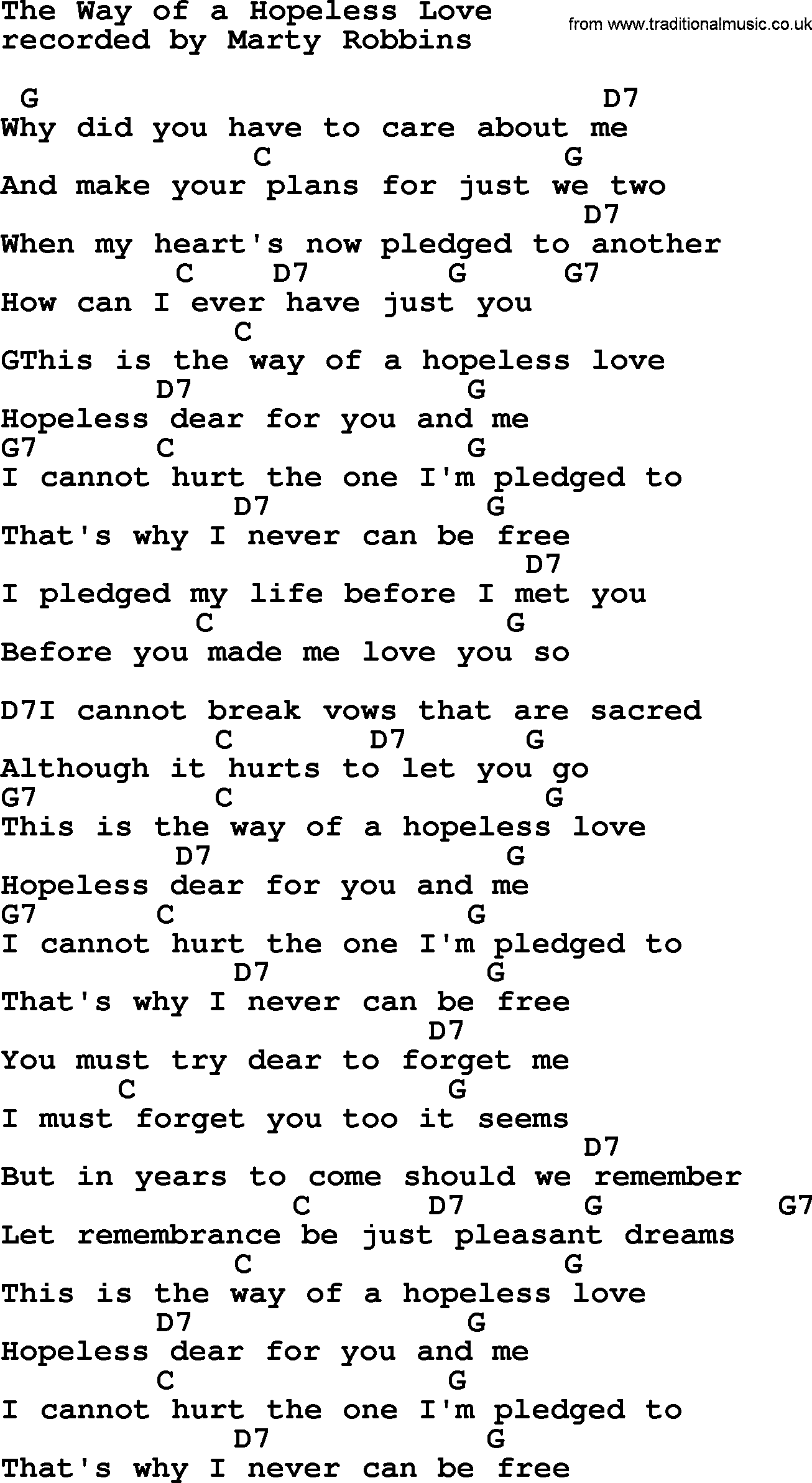 Marty Robbins song: The Way of a Hopeless Love, lyrics and chords
