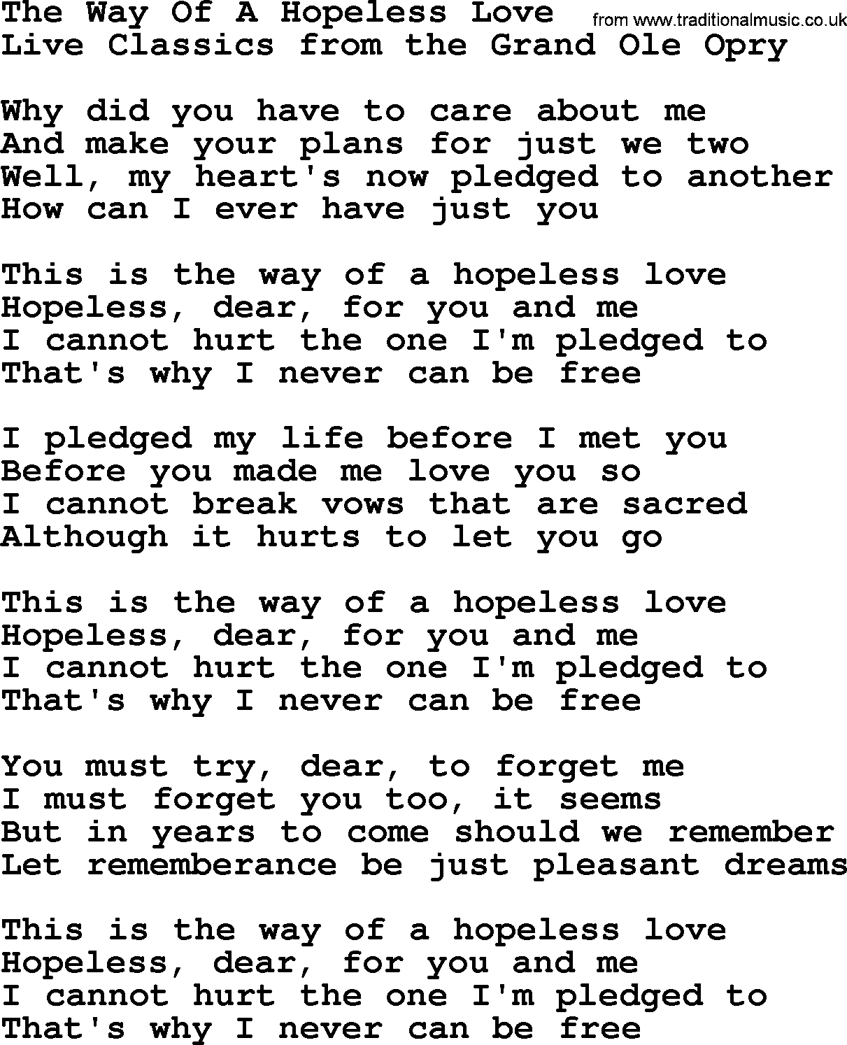 Marty Robbins song: The Way Of A Hopeless Love, lyrics