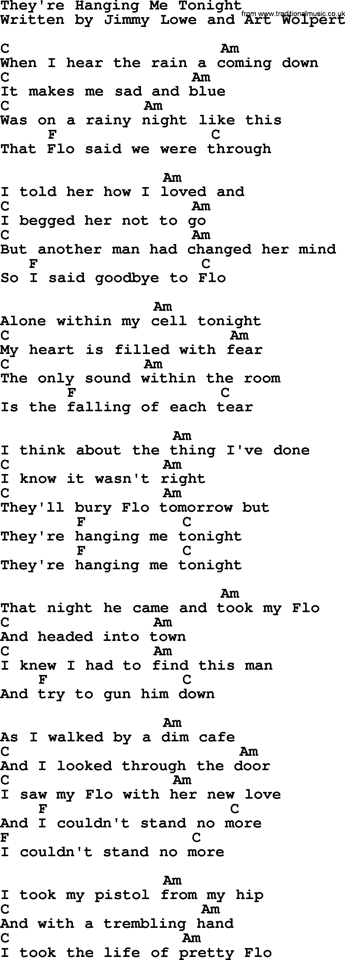 Marty Robbins song: They're Hanging Me Tonight, lyrics and chords
