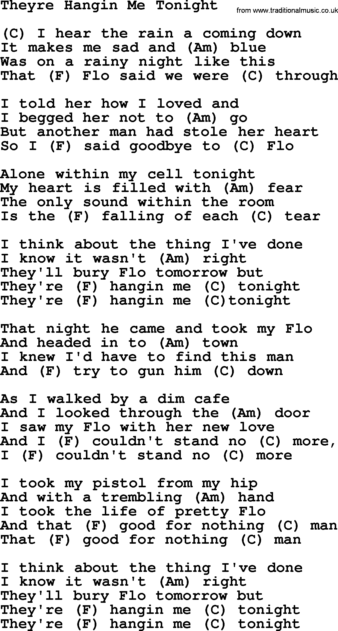 Marty Robbins song: Theyre Hangin Me Tonight, lyrics and chords