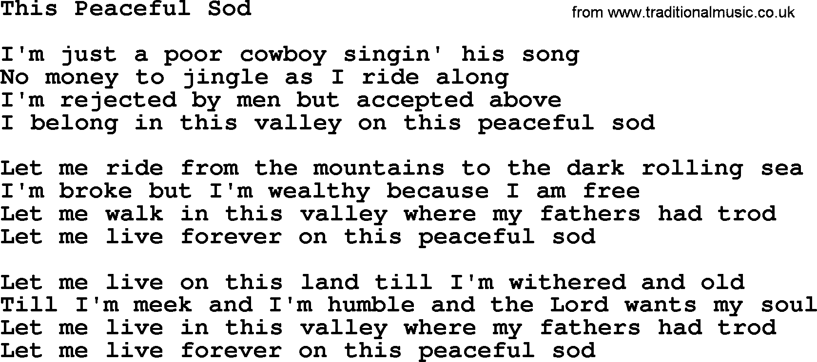 Marty Robbins song: This Peaceful Sod, lyrics
