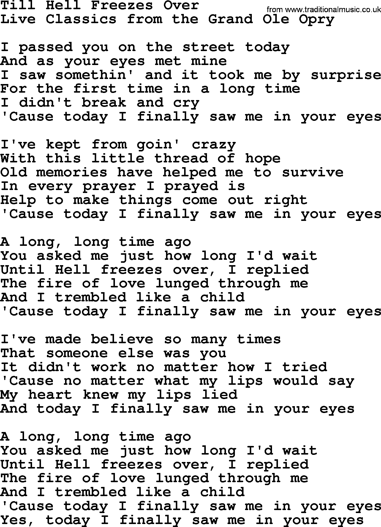 Marty Robbins song: Till Hell Freezes Over, lyrics