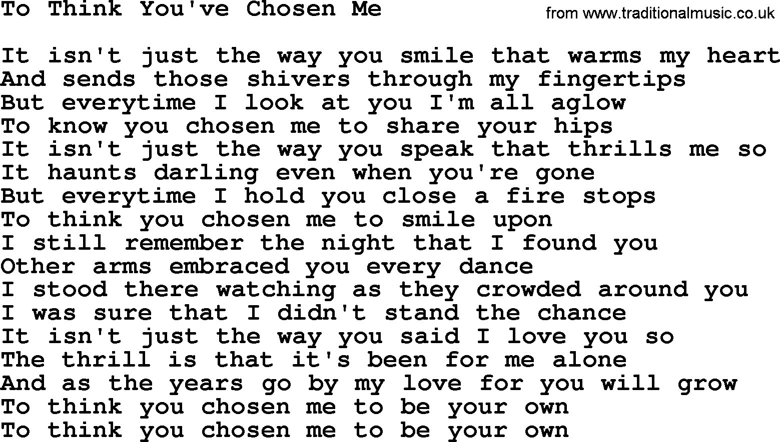 Marty Robbins song: To Think Youve Chosen Me, lyrics
