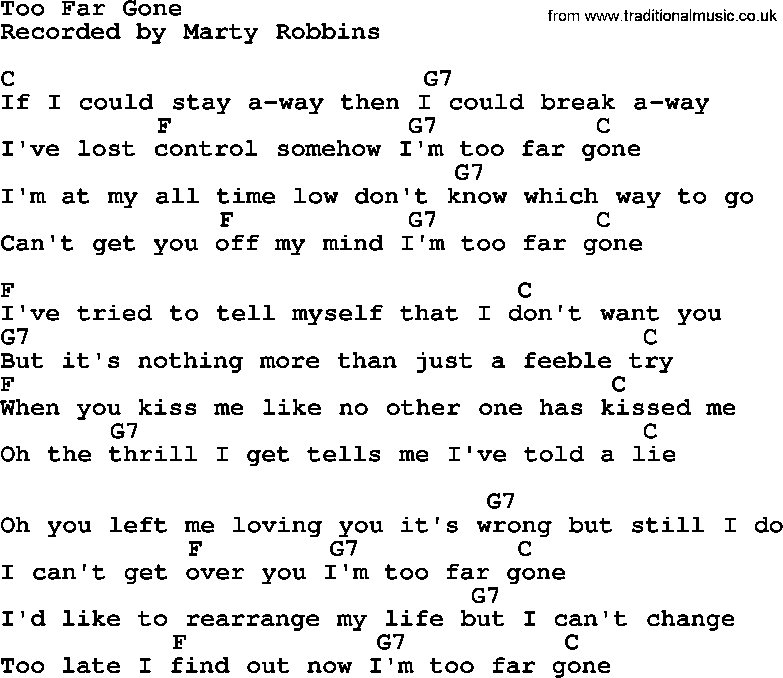 Marty Robbins song: Too Far Gone, lyrics and chords