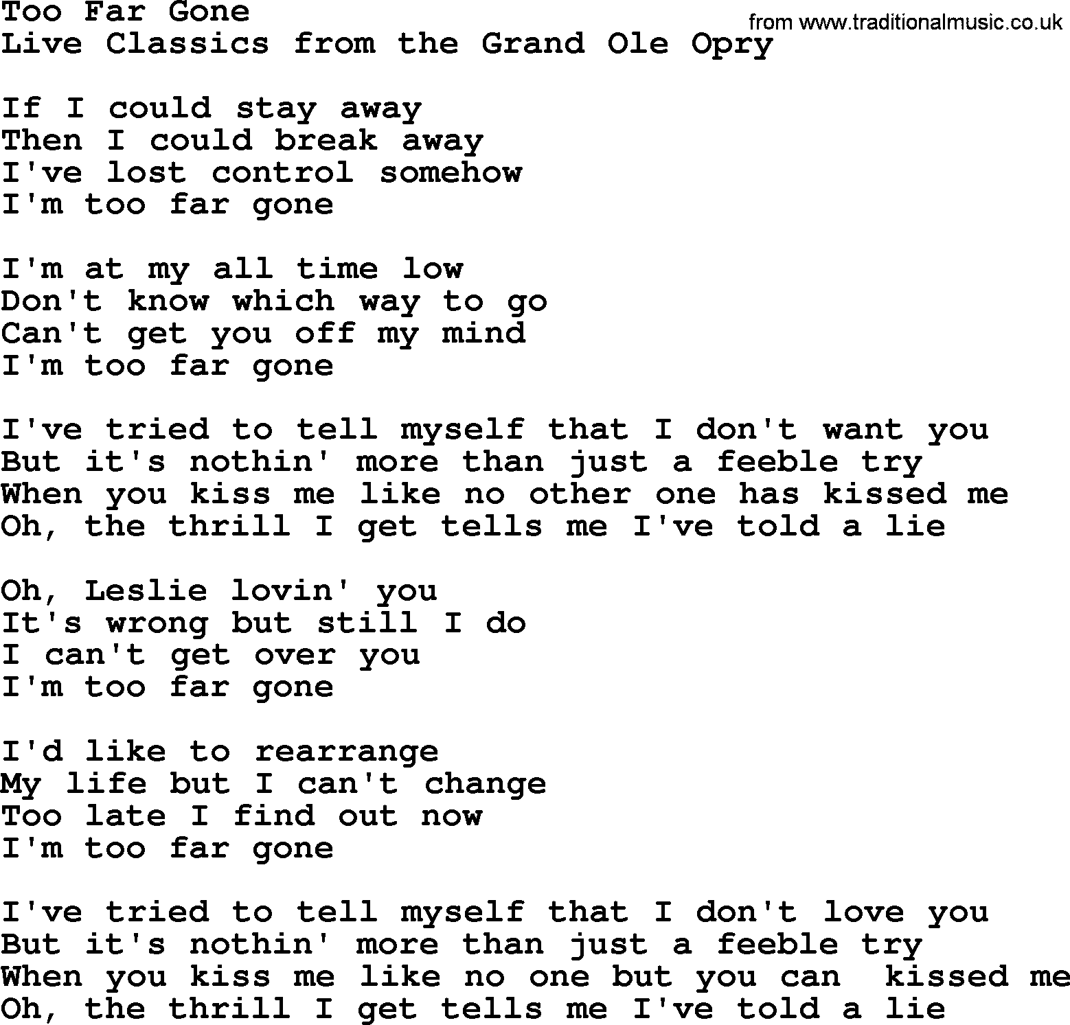 Marty Robbins song: Too Far Gone, lyrics