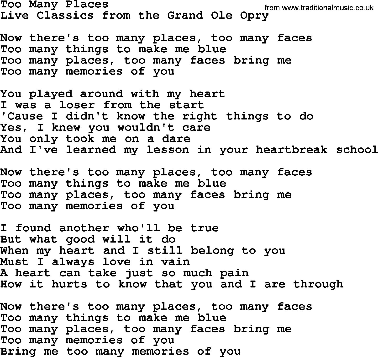 Marty Robbins song: Too Many Places, lyrics