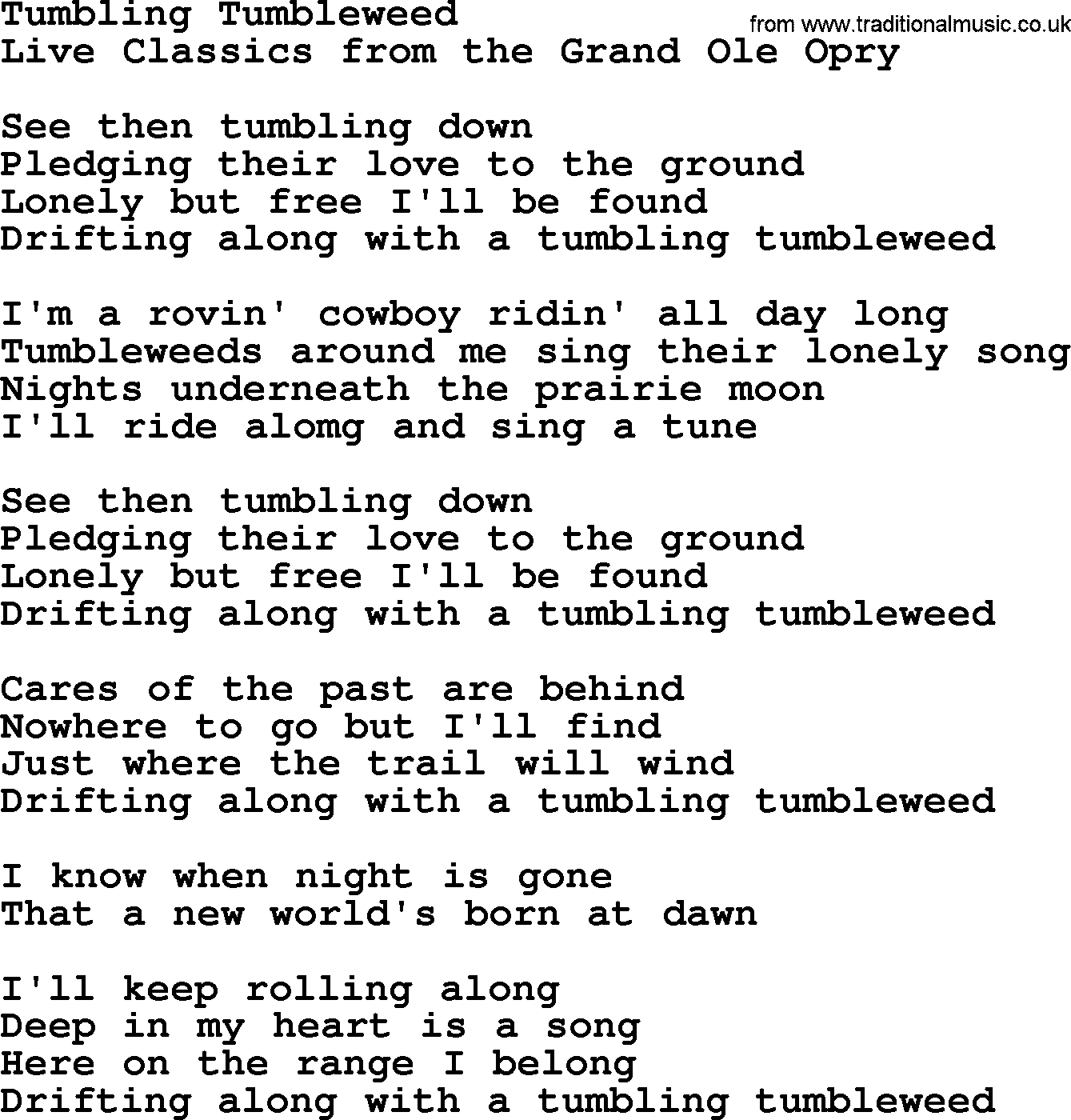 Marty Robbins song: Tumbling Tumbleweed, lyrics