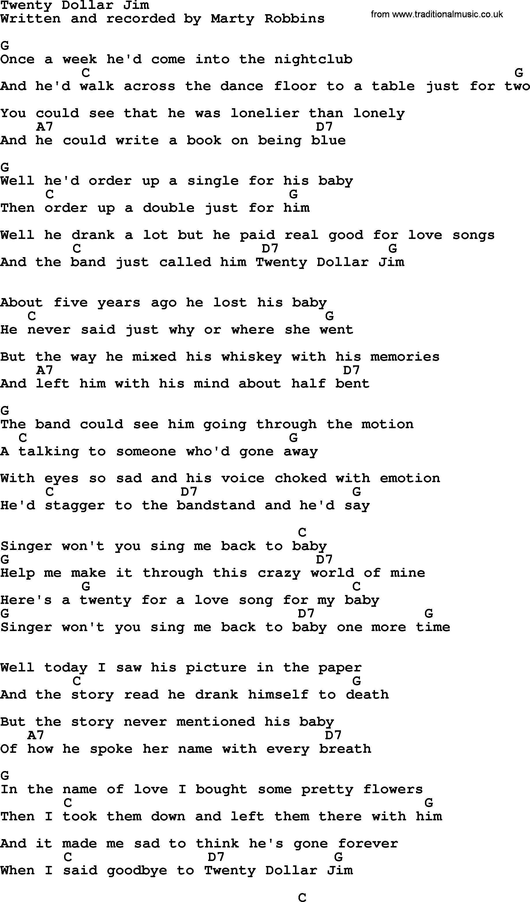 Marty Robbins song: Twenty Dollar Jim, lyrics and chords