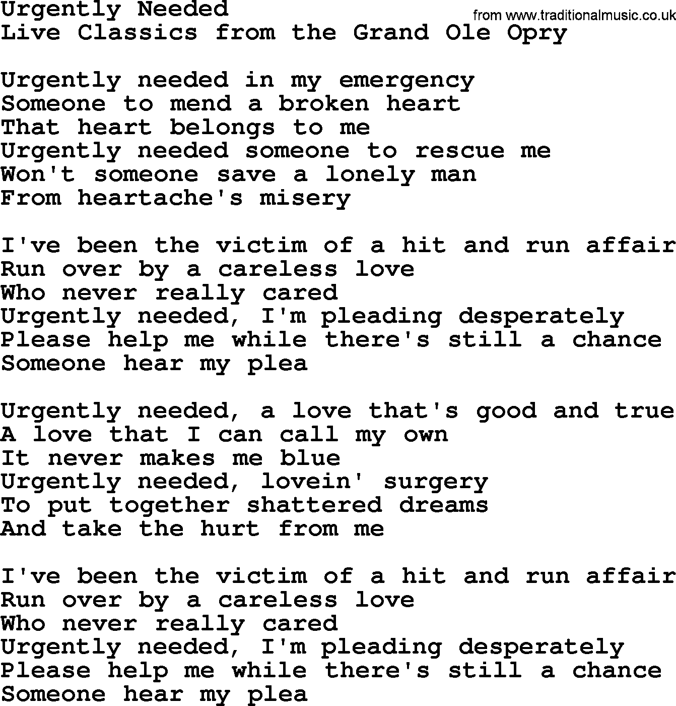 Marty Robbins song: Urgently Needed, lyrics