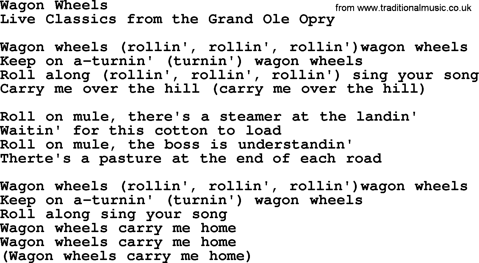 Marty Robbins song: Wagon Wheels, lyrics