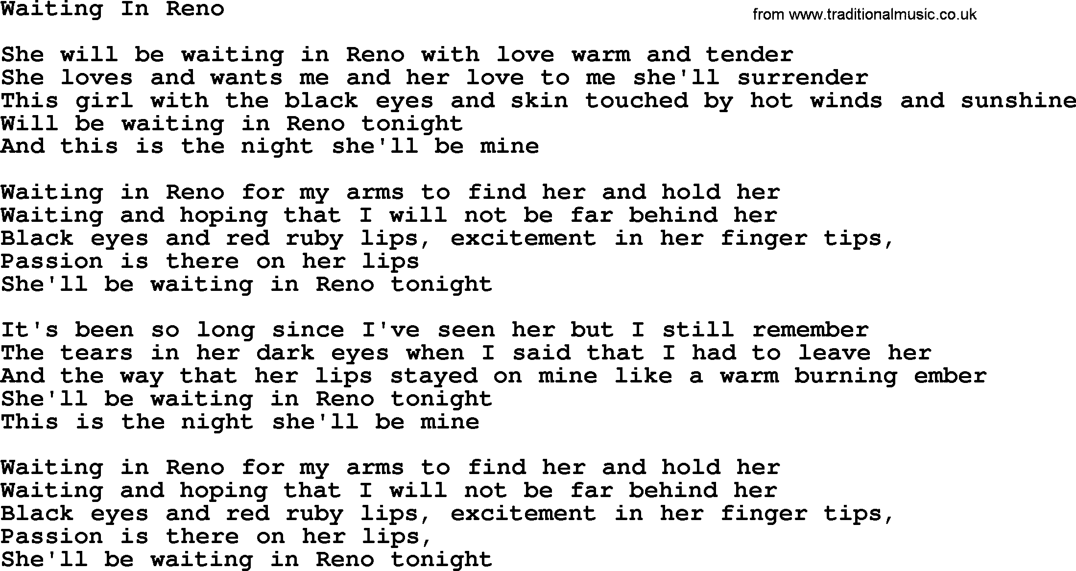 Marty Robbins song: Waiting In Reno, lyrics