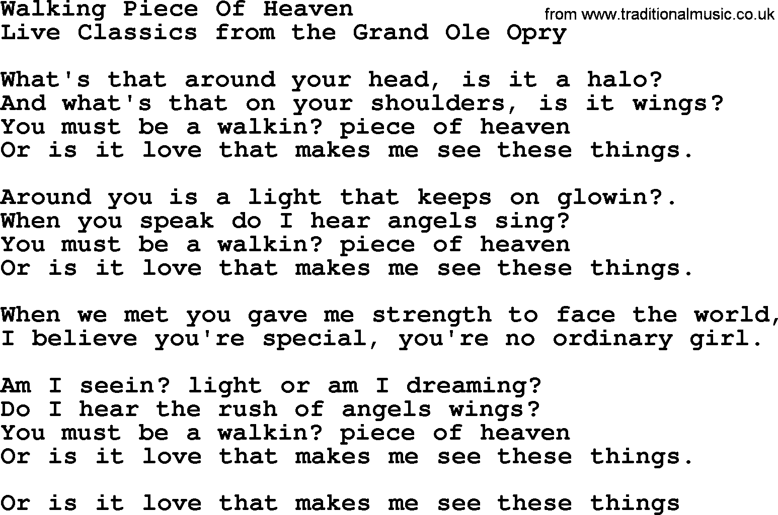 Marty Robbins song: Walking Piece Of Heaven, lyrics