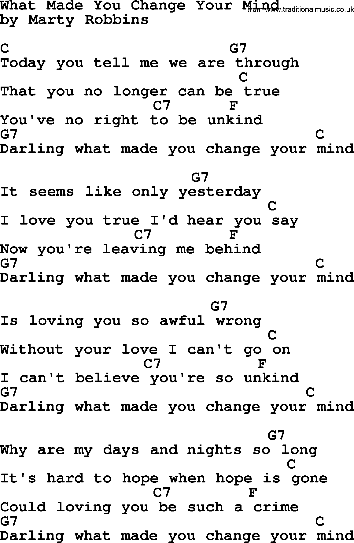 Marty Robbins song: What Made You Change Your Mind, lyrics and chords