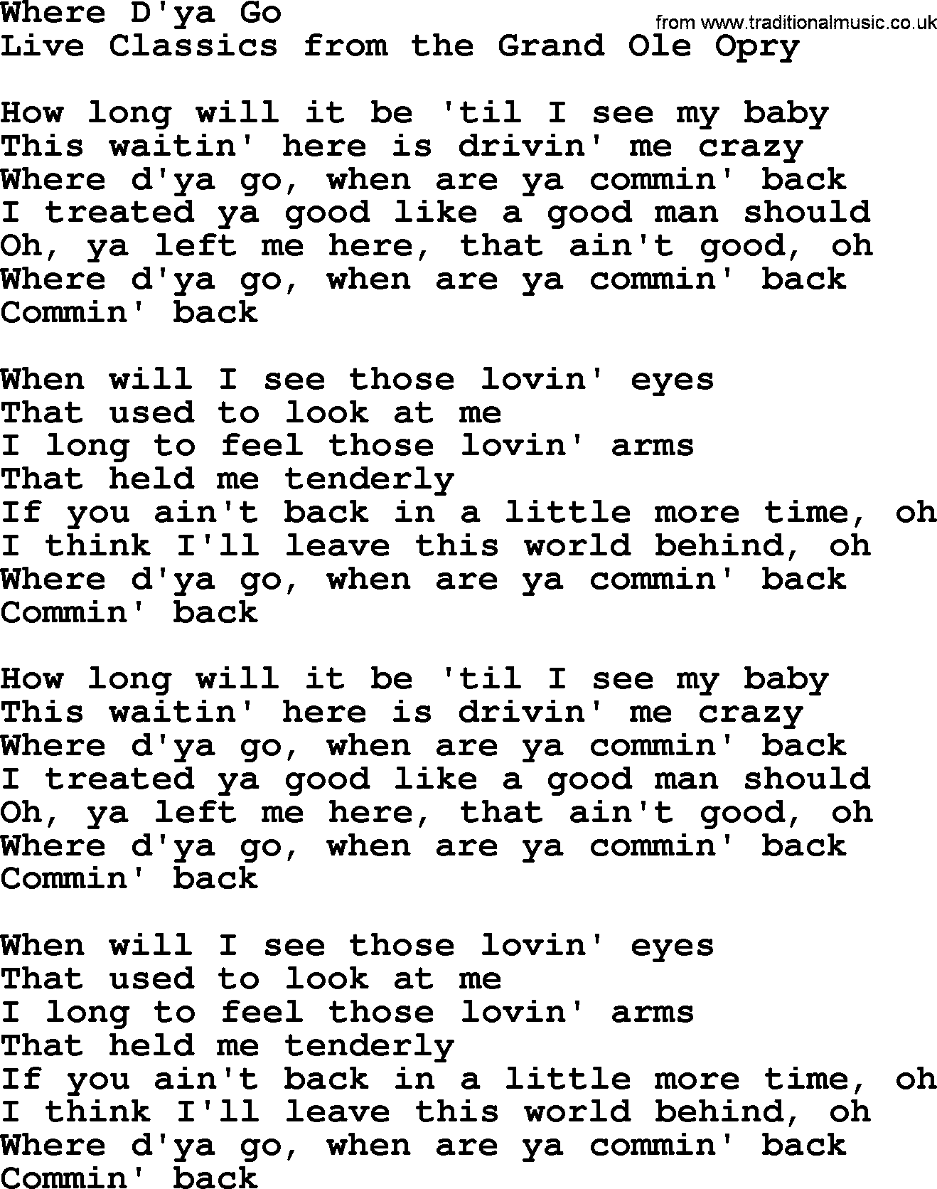 Marty Robbins song: Where Dya Go, lyrics