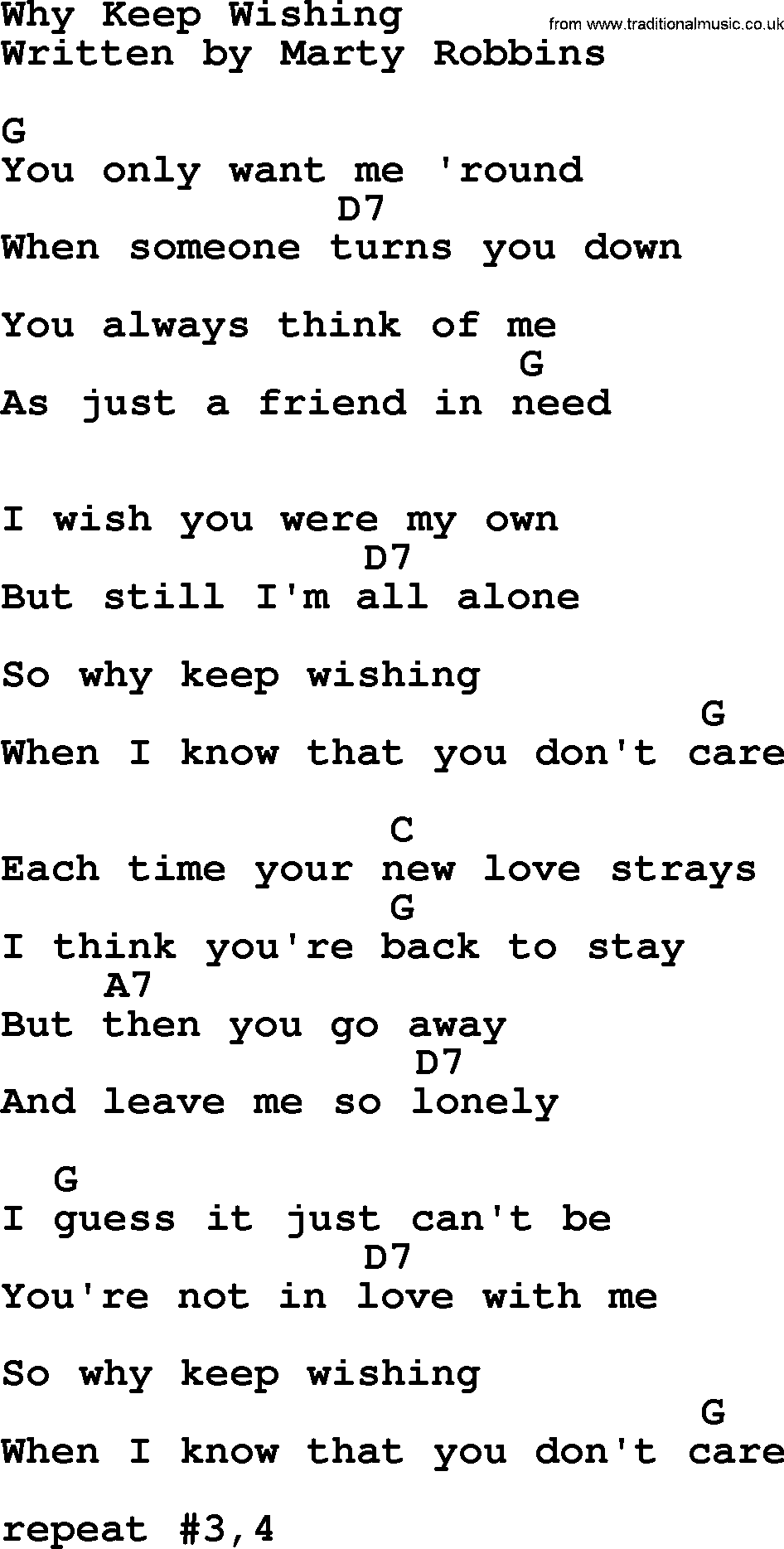 Marty Robbins song: Why Keep Wishing, lyrics and chords