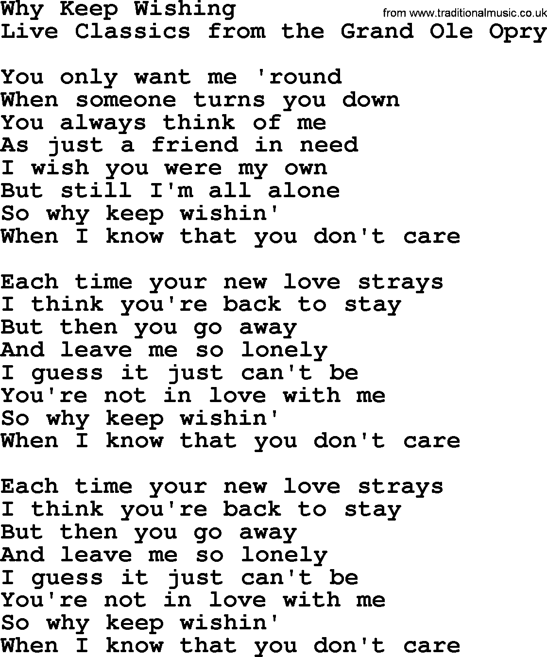 Marty Robbins song: Why Keep Wishing, lyrics