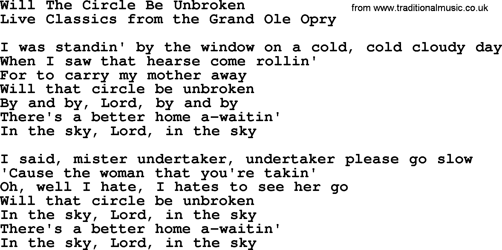 Marty Robbins song: Will The Circle Be Unbroken, lyrics