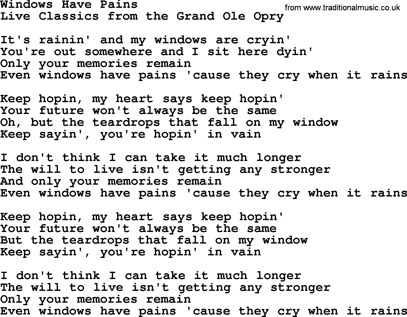 Marty Robbins song: Windows Have Pains, lyrics