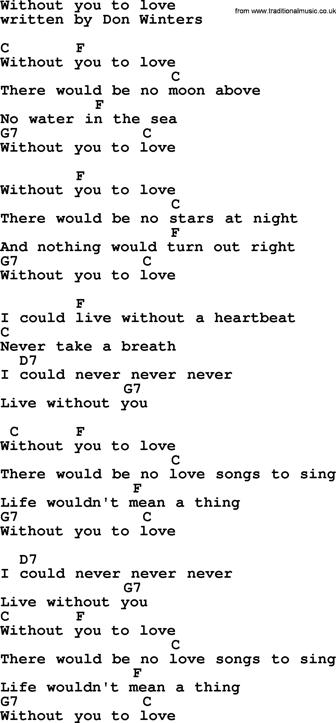 Marty Robbins song: Without You To Love, lyrics and chords