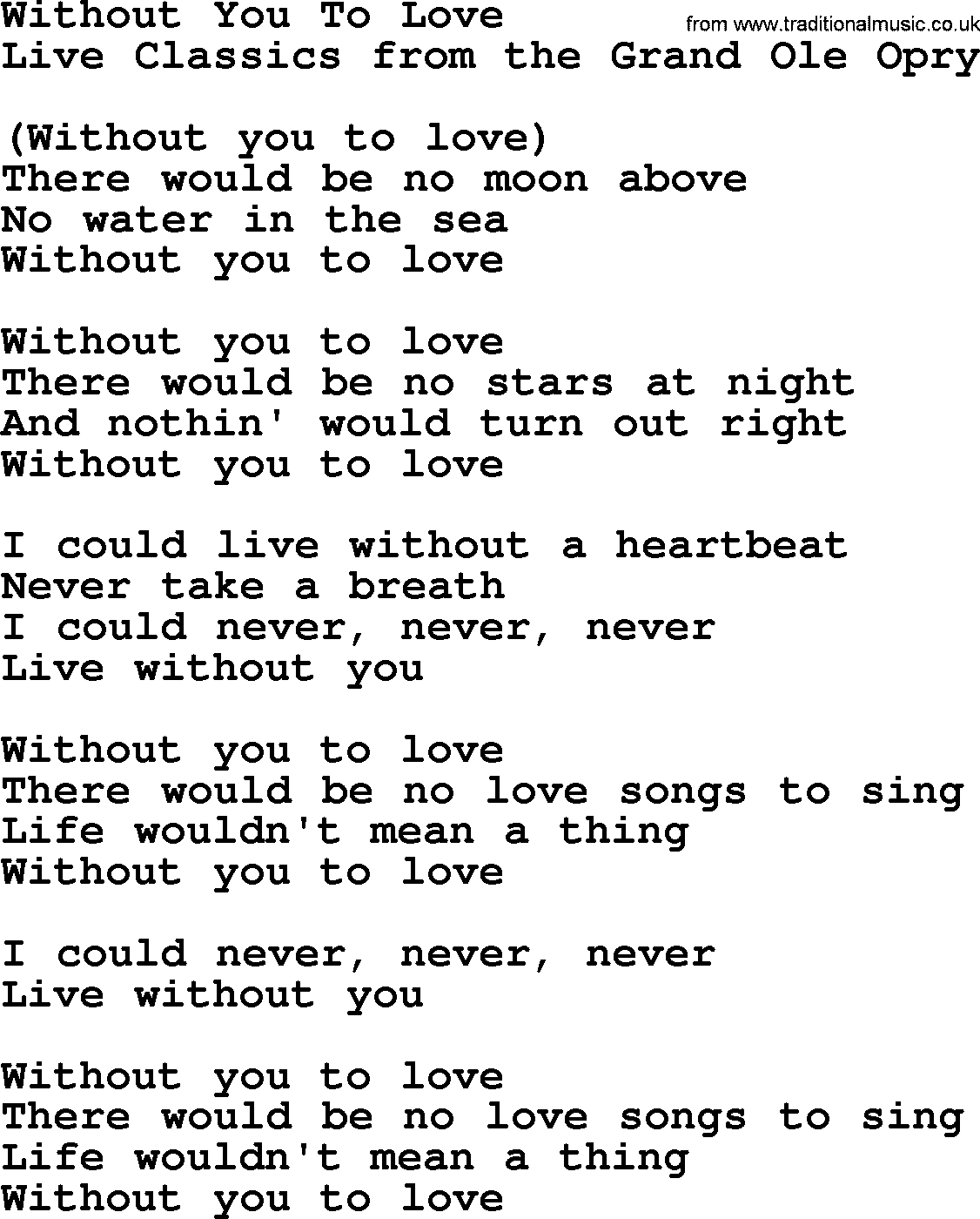 Marty Robbins song: Without You To Love, lyrics