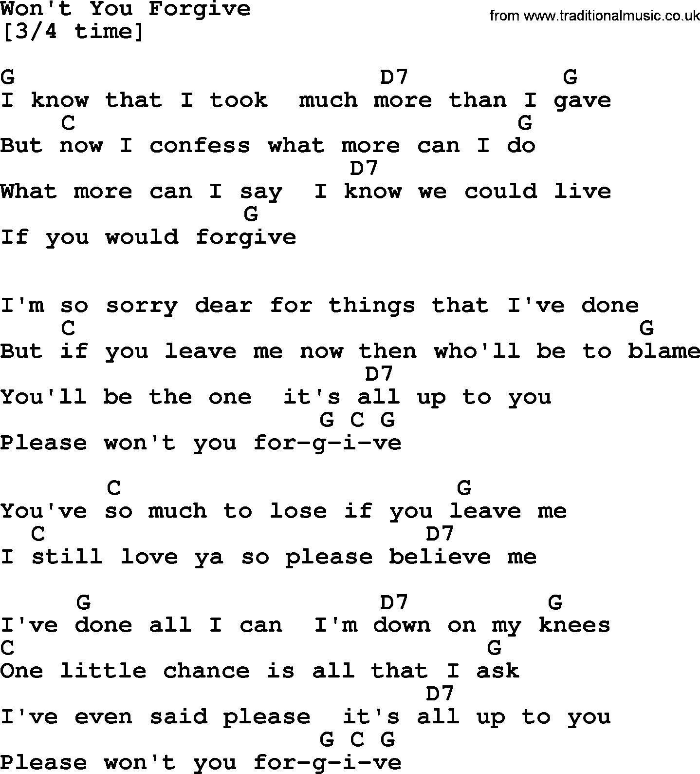 Marty Robbins song: Won't You Forgive, lyrics and chords