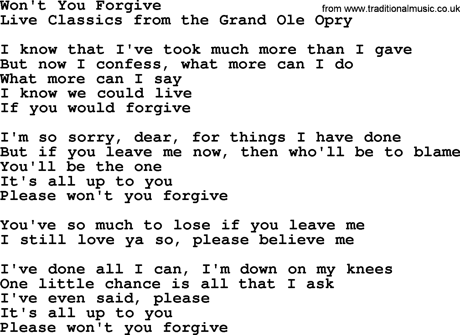 Marty Robbins song: Wont You Forgive, lyrics