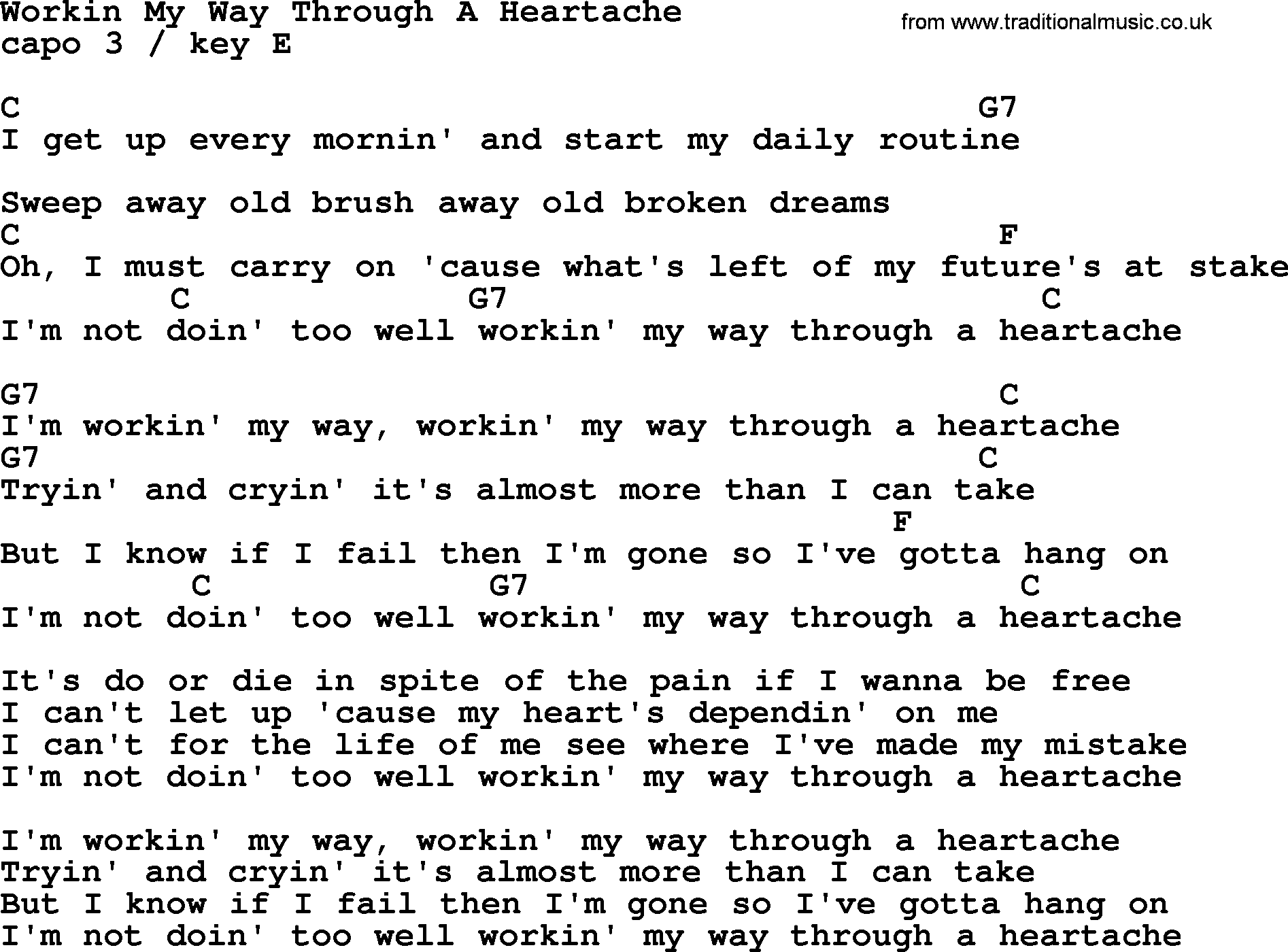 Marty Robbins song: Workin My Way Through A Heartache, lyrics and chords
