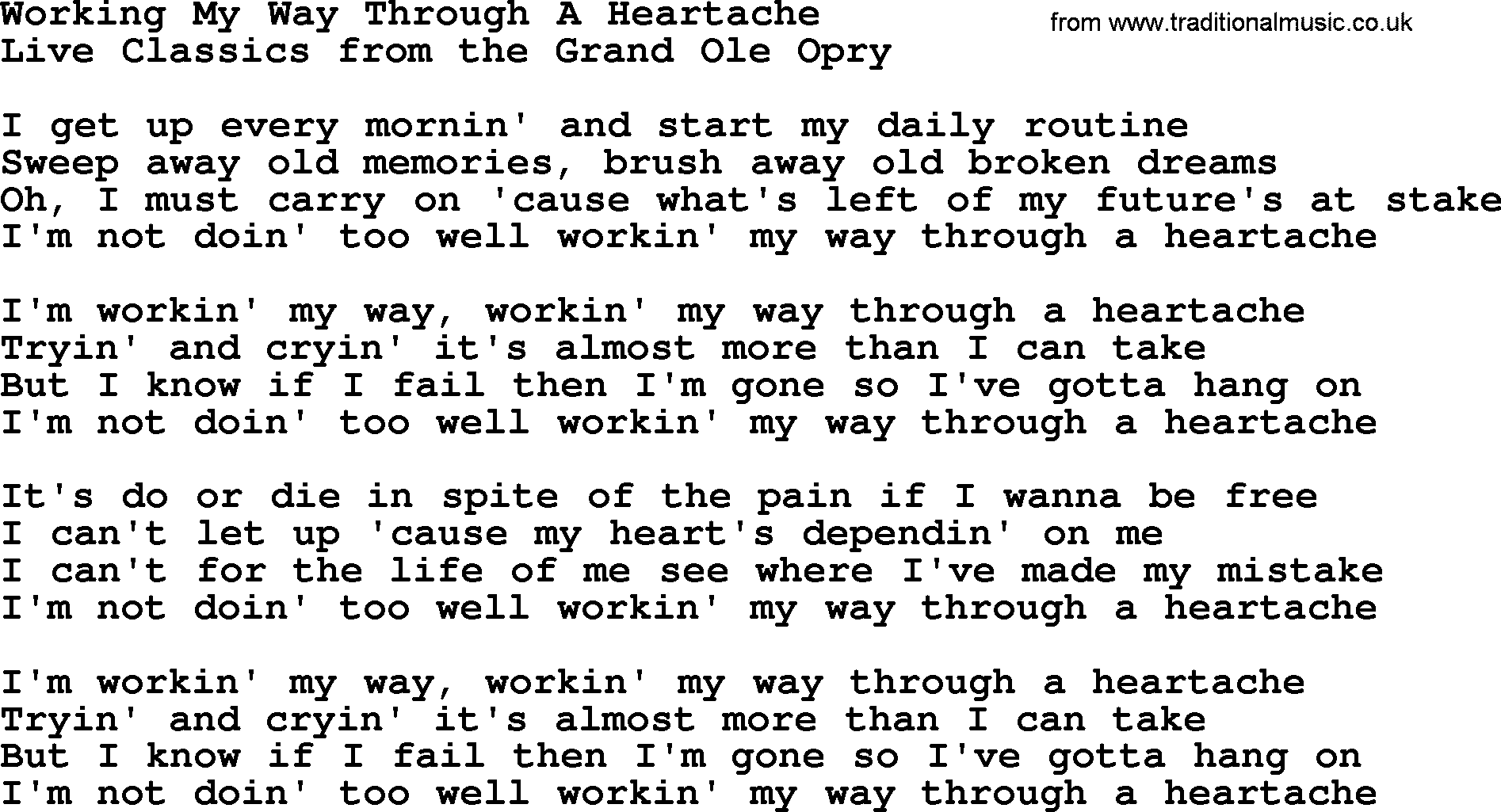 Marty Robbins song: Working My Way Through A Heartache, lyrics