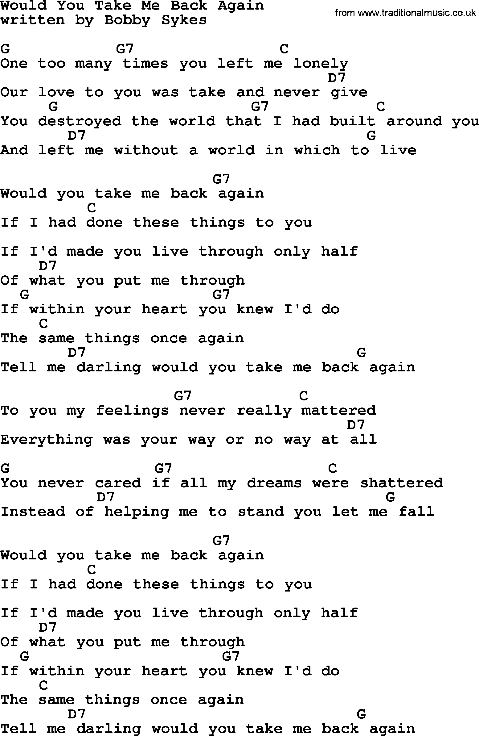 Marty Robbins song: Would You Take Me Back Again, lyrics and chords
