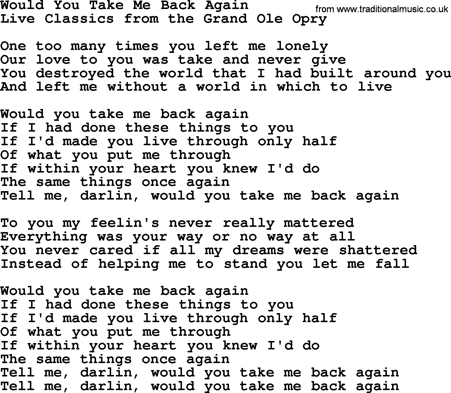 Marty Robbins song: Would You Take Me Back Again, lyrics