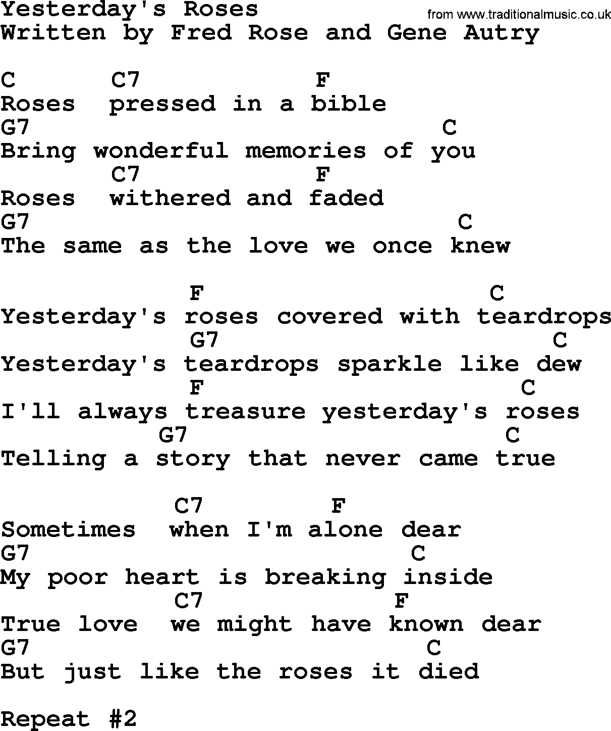 Marty Robbins song: Yesterday's Roses, lyrics and chords