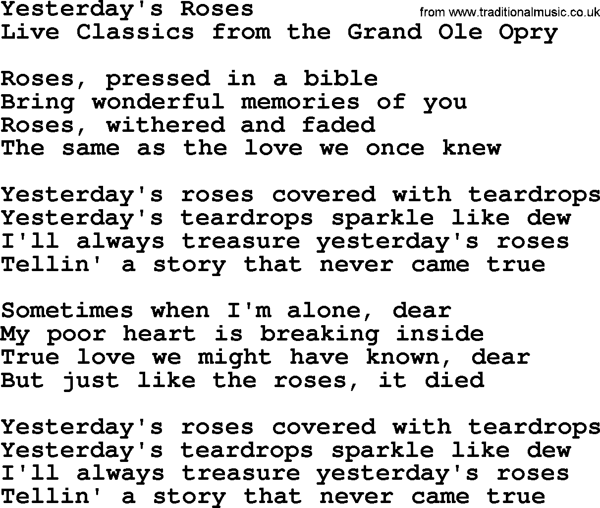 Marty Robbins song: Yesterdays Roses, lyrics