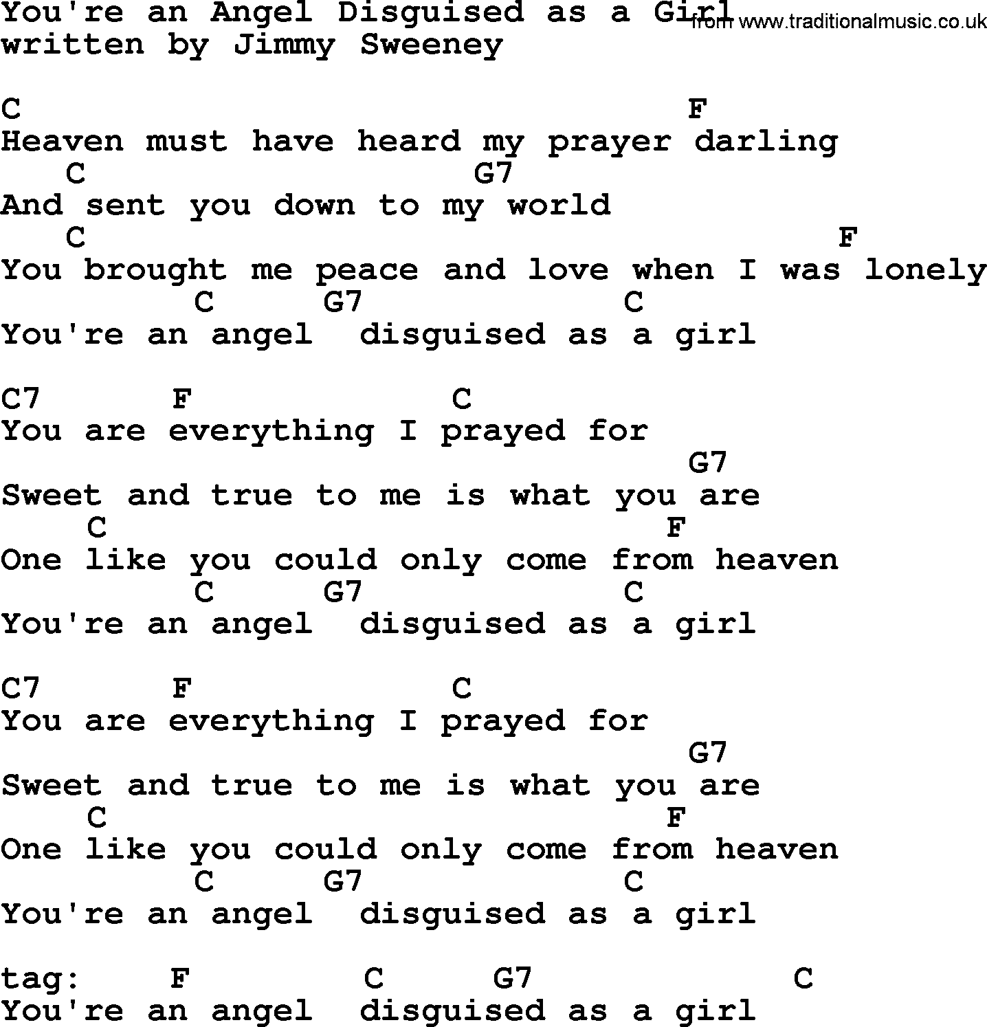 Marty Robbins song: You're an Angel Disguised as a Girl, lyrics and chords