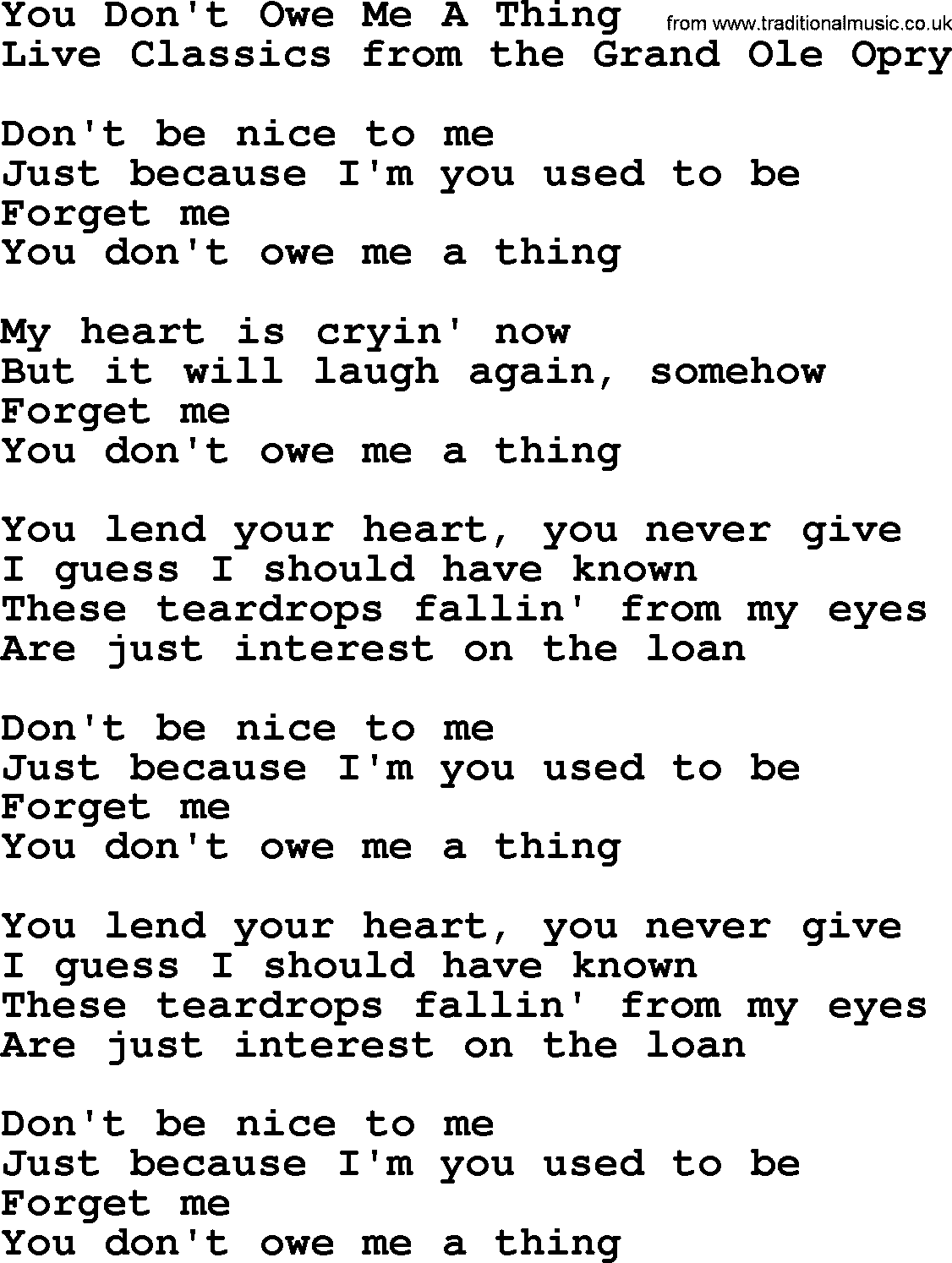 Marty Robbins song: You Don't Owe Me A Thing, lyrics
